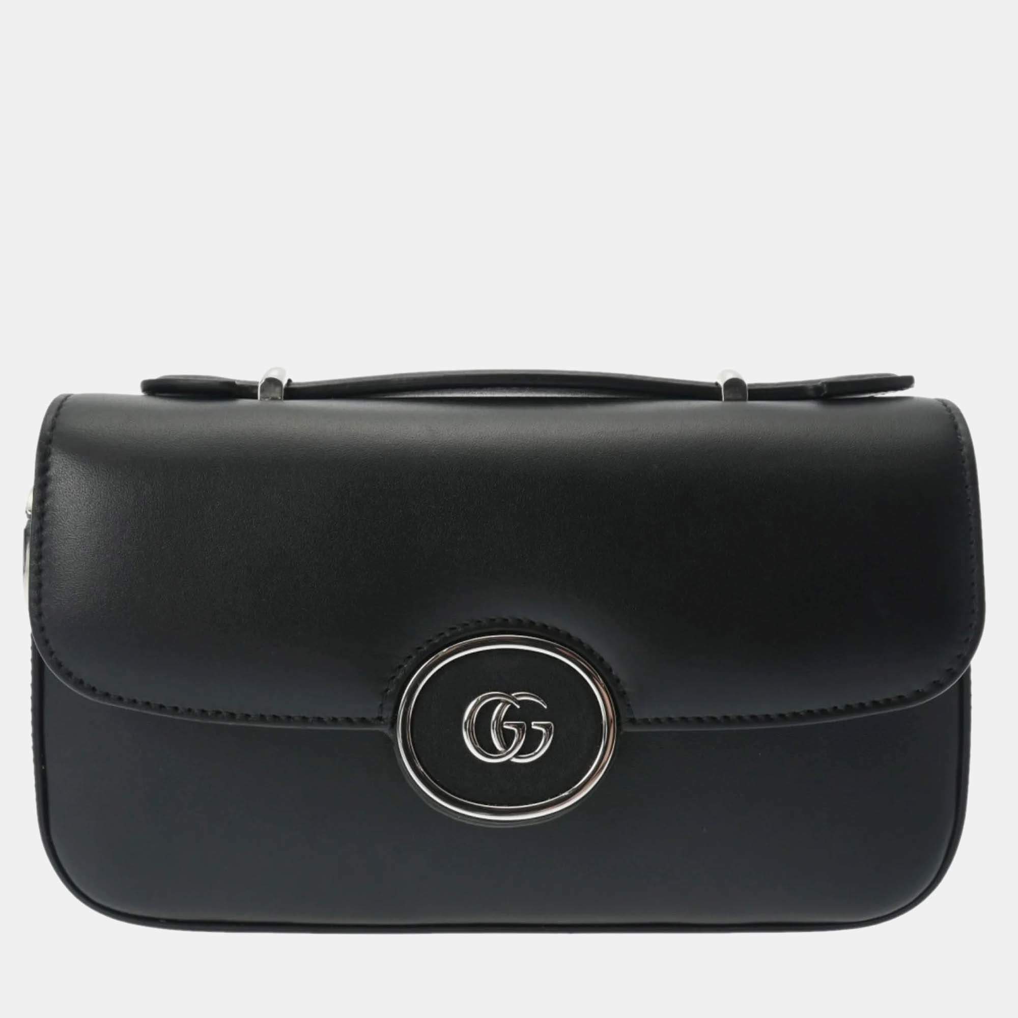 Gucci Black Leather Double G Shoulder Bag
