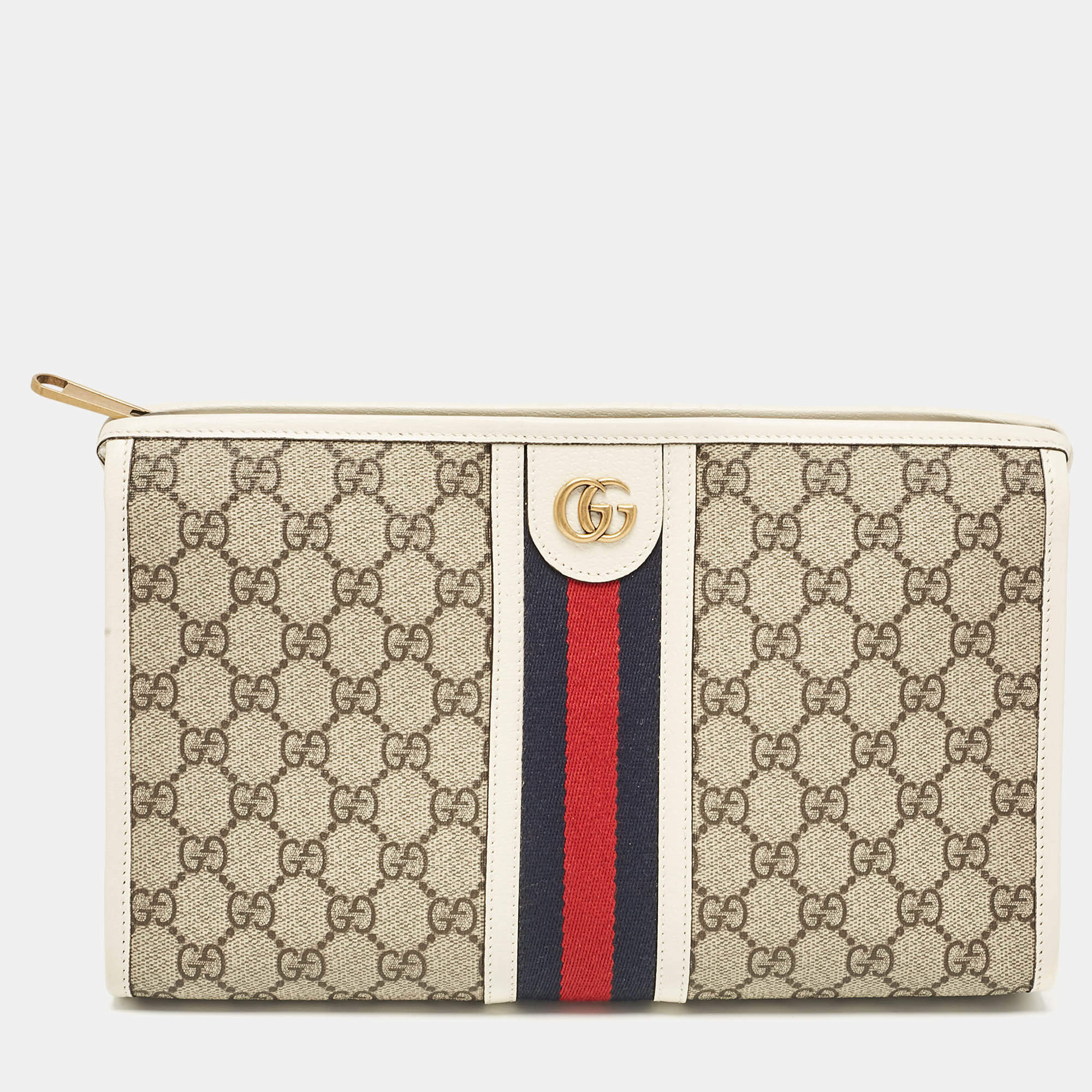 Pre Owned Gucci White/Beige GG Supreme Canvas Ophidia Pouch