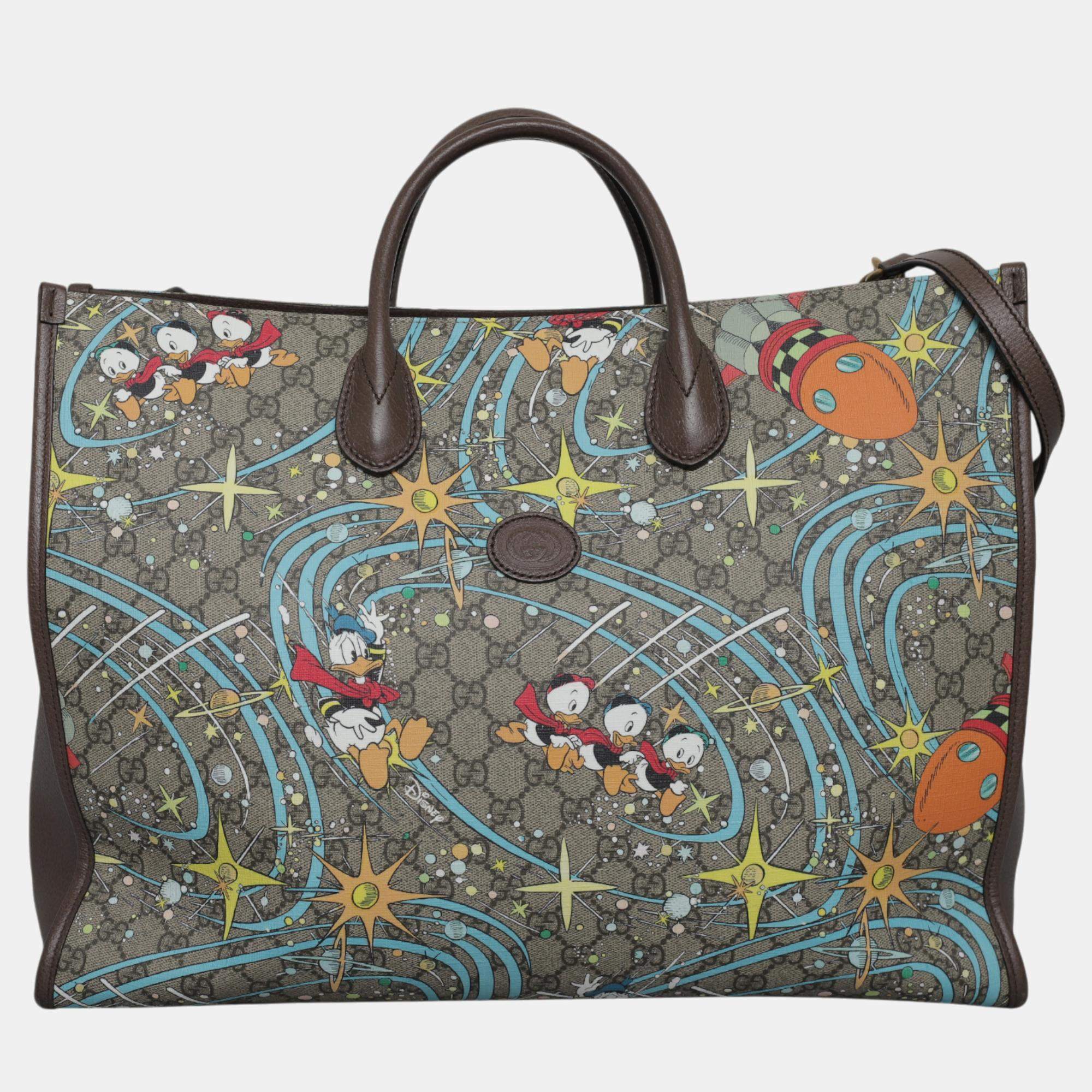 Gucci Brown Coated Canvas Disney Donald Duck Tote Bag