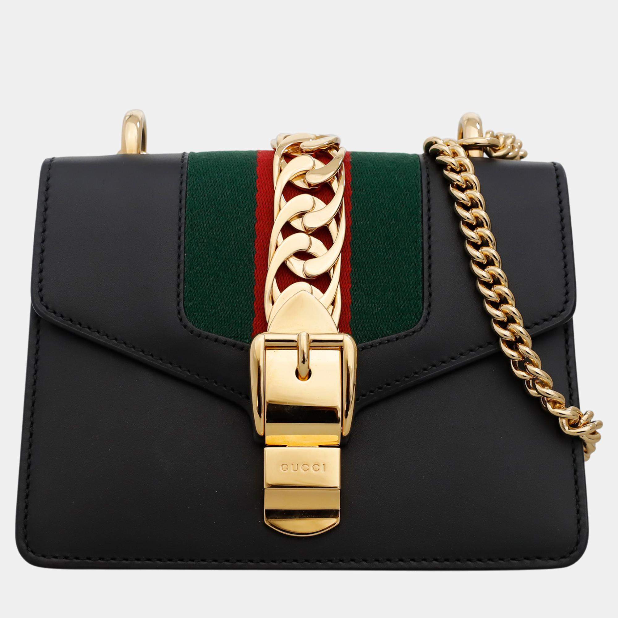 Gucci Black Calfskin Leather Mini Sylvie Chain Shoulder Bag 