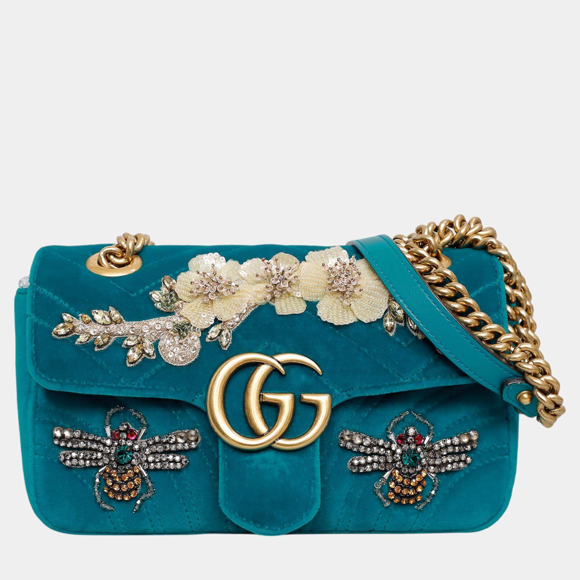 Pre Owned Gucci Teal Velvet Mini Velvet Embroidered GG Marmont Flap Bag