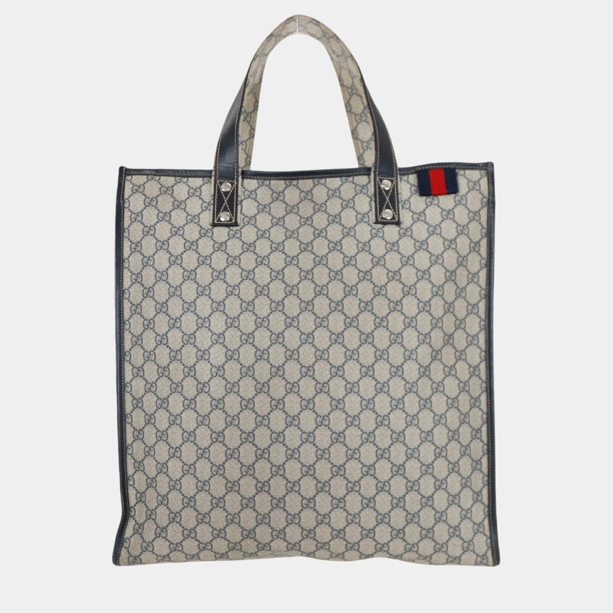 Gucci Navy Blue GG Supreme Canvas Vertical Web Loop Tote