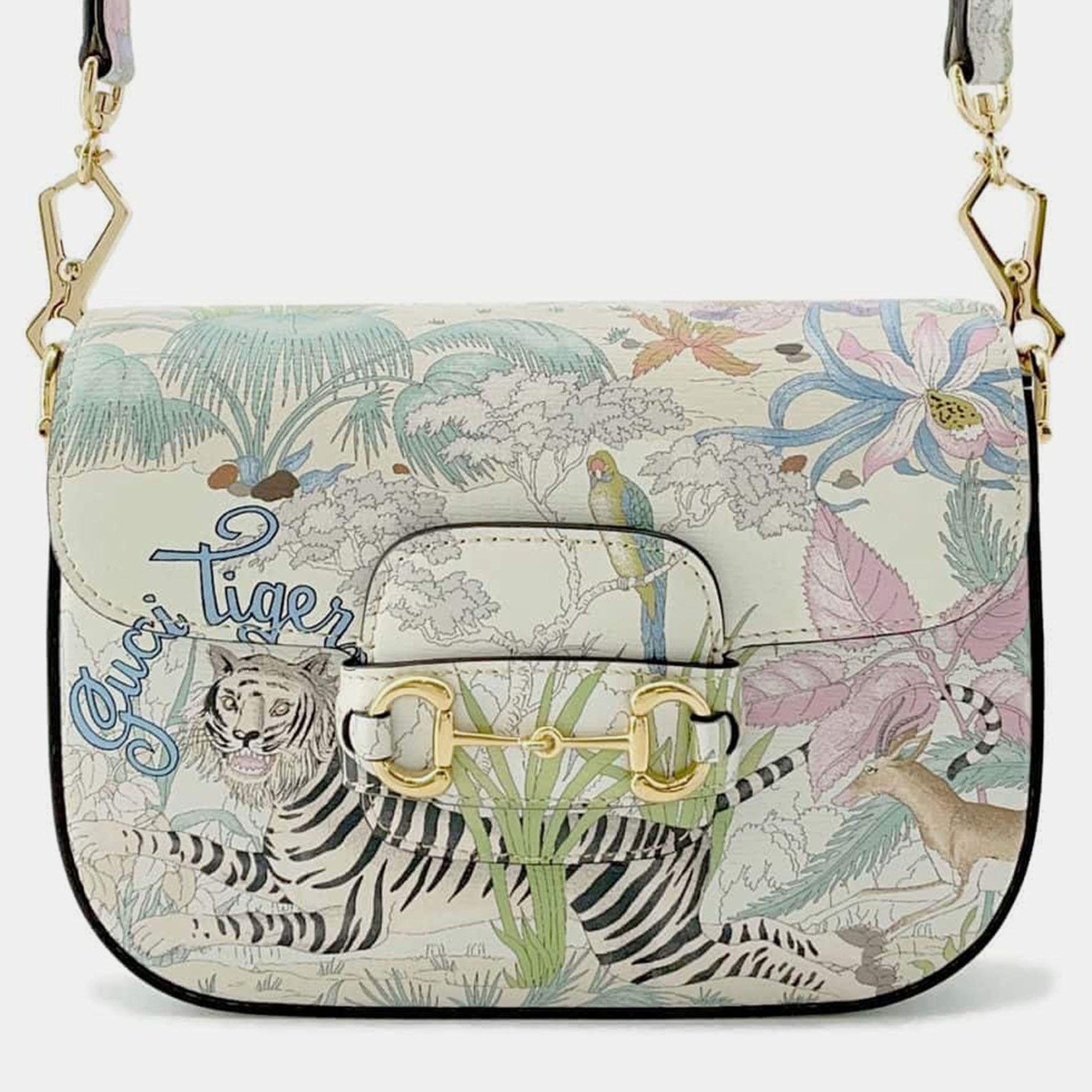 Gucci Ivory/Multicolor Leather Horsebit 1955 Animal Print Shoulder Bag