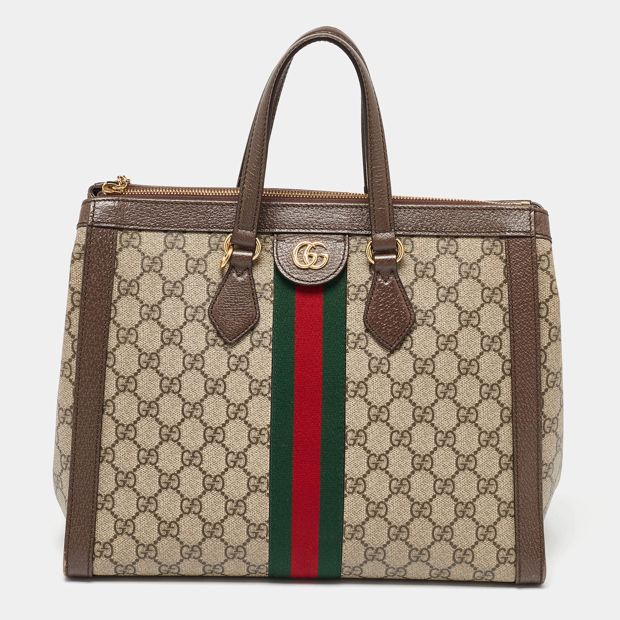 Pre Owned Gucci Beige/Brown GG Supreme Canvas and Leather Medium Ophidia Tote