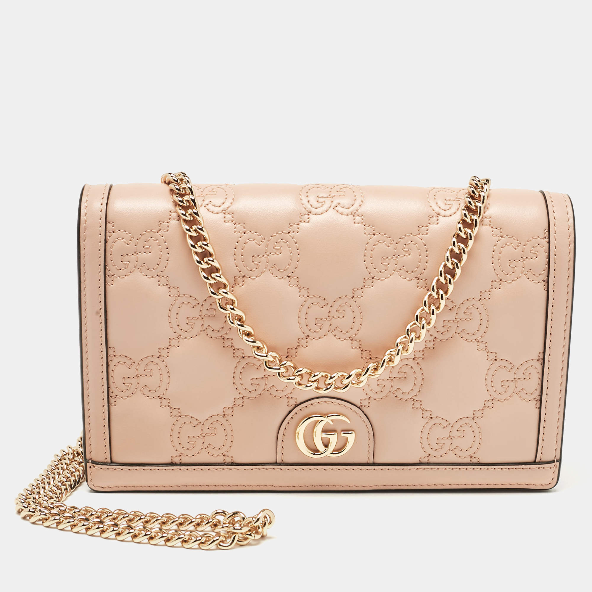 مملوكة مسبقًا Gucci Rose Beige GG Matelasse Leather Wallet On Chain