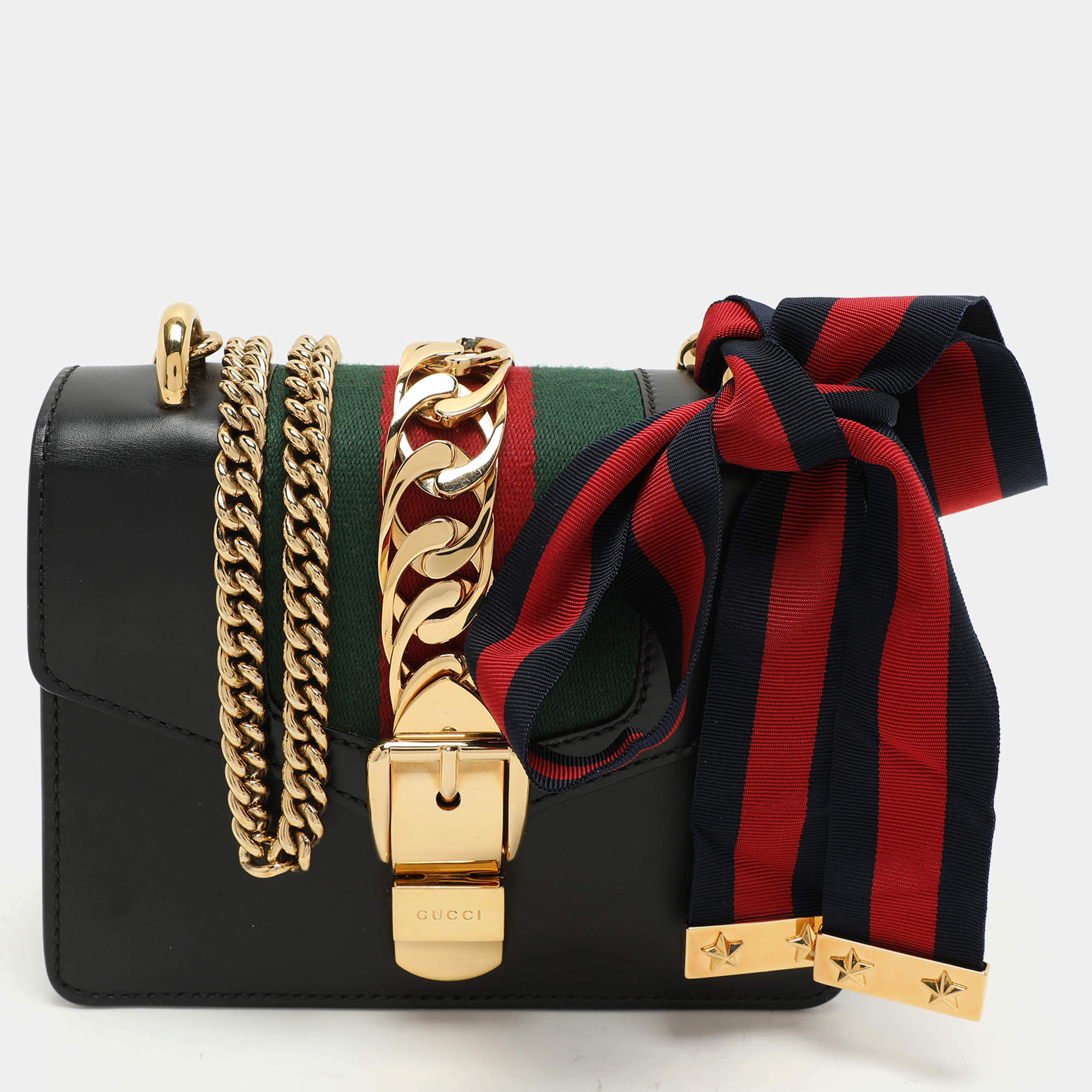 Gucci Black Leather Mini Web Chain Sylvie Shoulder Bag