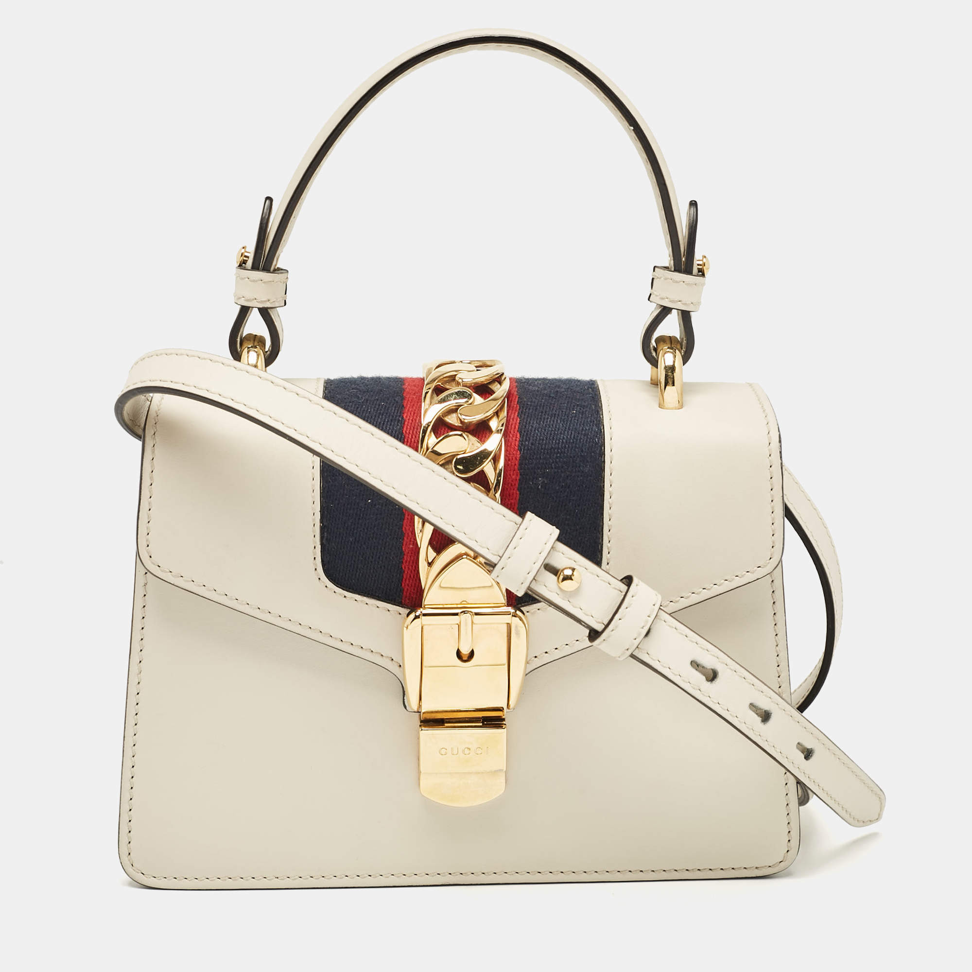 Pre Owned Gucci Off White Leather Mini Sylvie Top Handle Bag