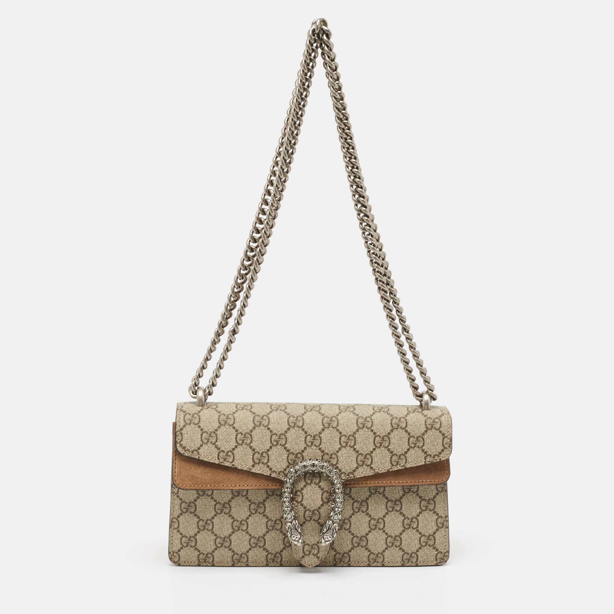 Pre Owned Gucci Beige GG Supreme Canvas and Suede Small Dionysus Shoulder Bag