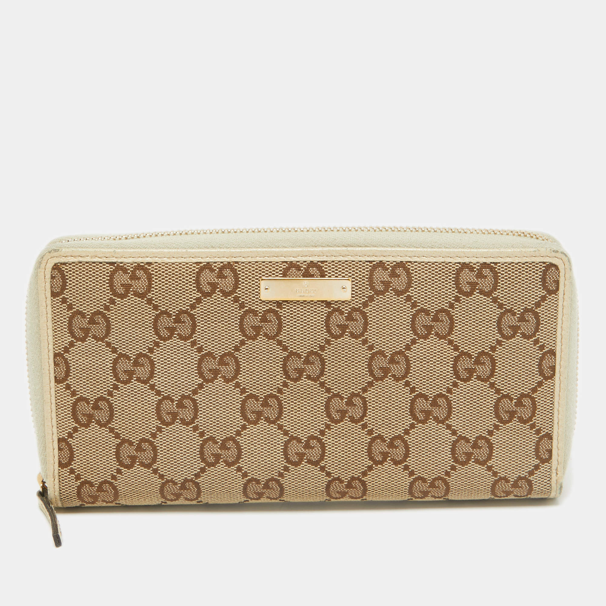 Gucci Beige GG Canvas and Leather Zip Continental Wallet