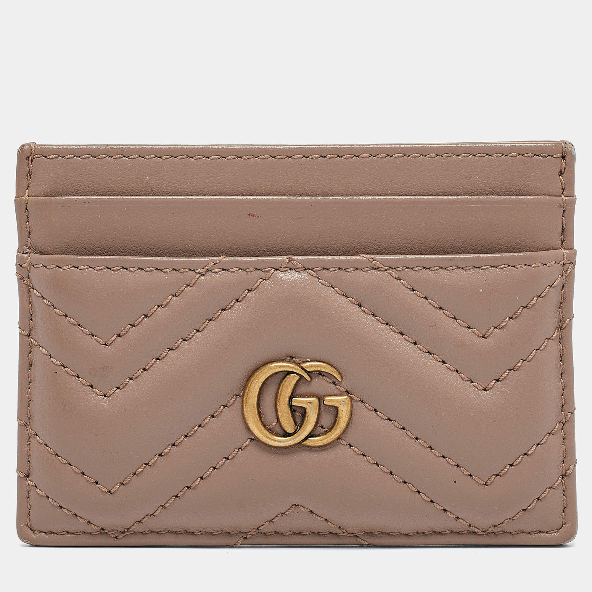 Gucci Beige Matelassé Leather GG Marmont Card Holder