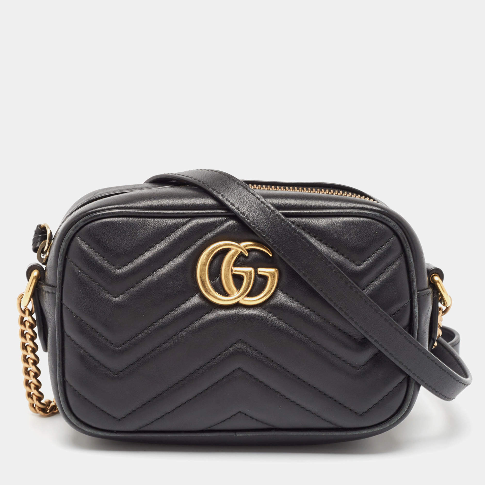 Gucci Black Matelasse Leather Mini GG Marmont Shoulder Bag
