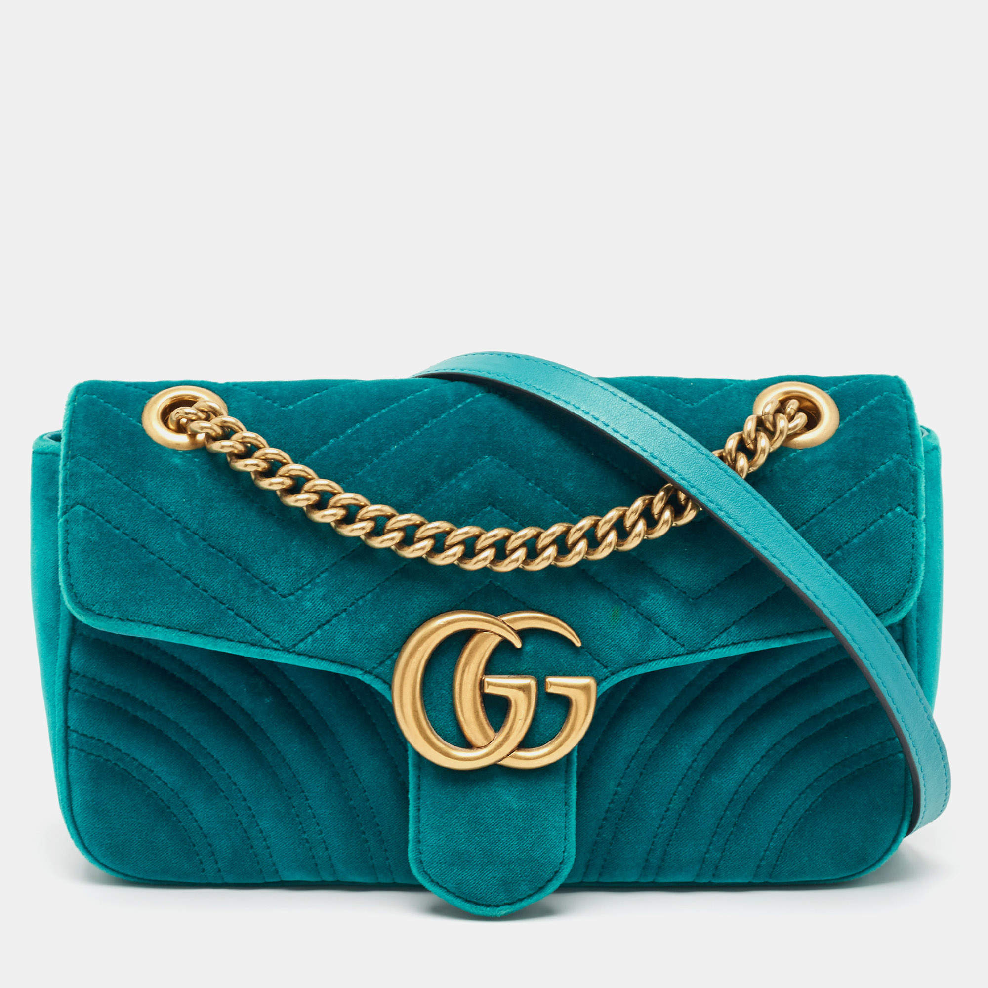 Gucci Green Matelassé Velvet Small GG Marmont Shoulder Bag