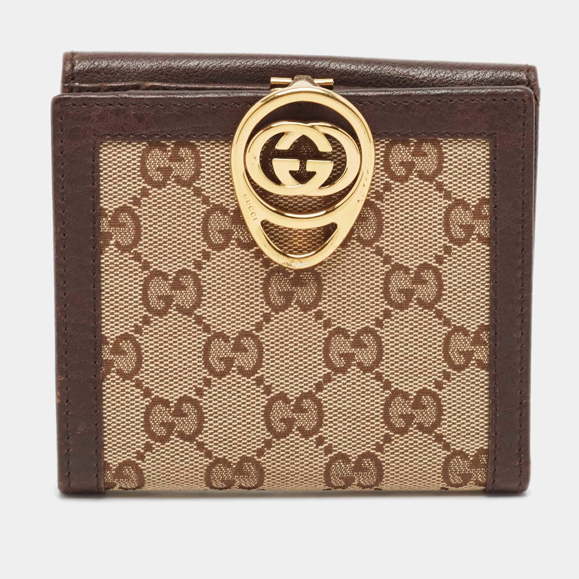 Gucci Brown/Beige GG Canvas and Leather Interlocking Icon French Wallet