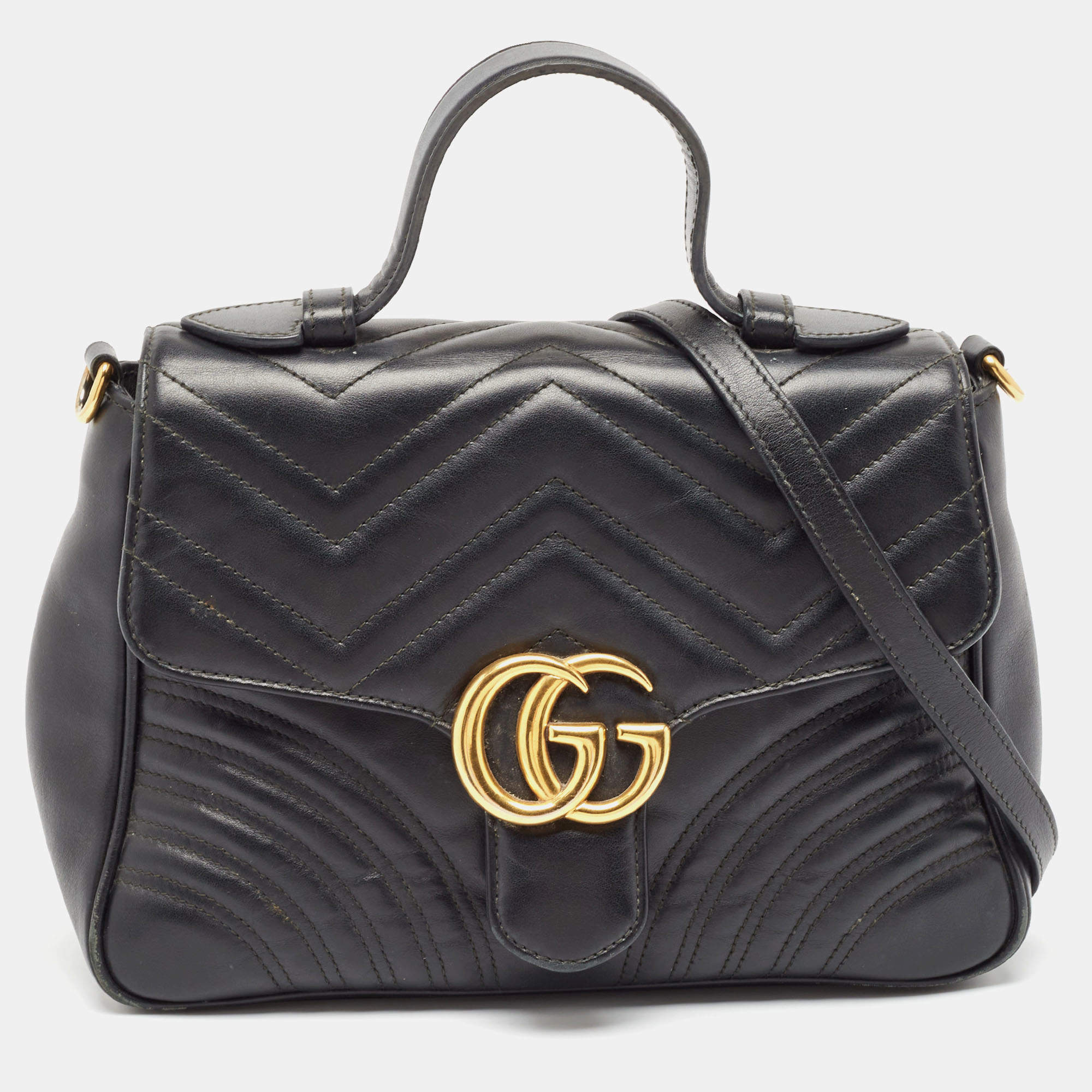 Pre Owned Gucci Black Matelassé Leather Small GG Marmont Top Handle Bag