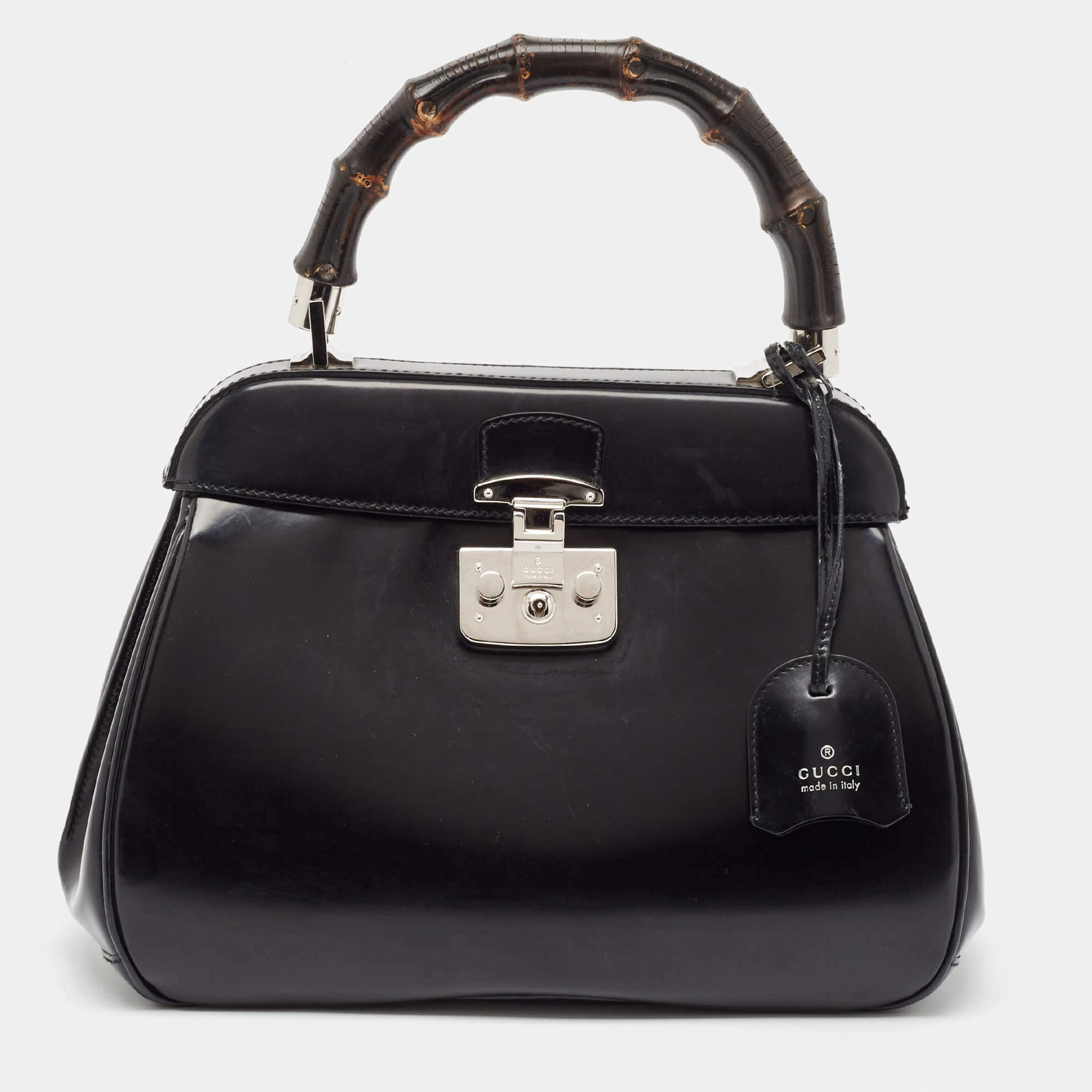 Gucci Black Glossy Leather Bamboo Lady Lock Top Handle Bag