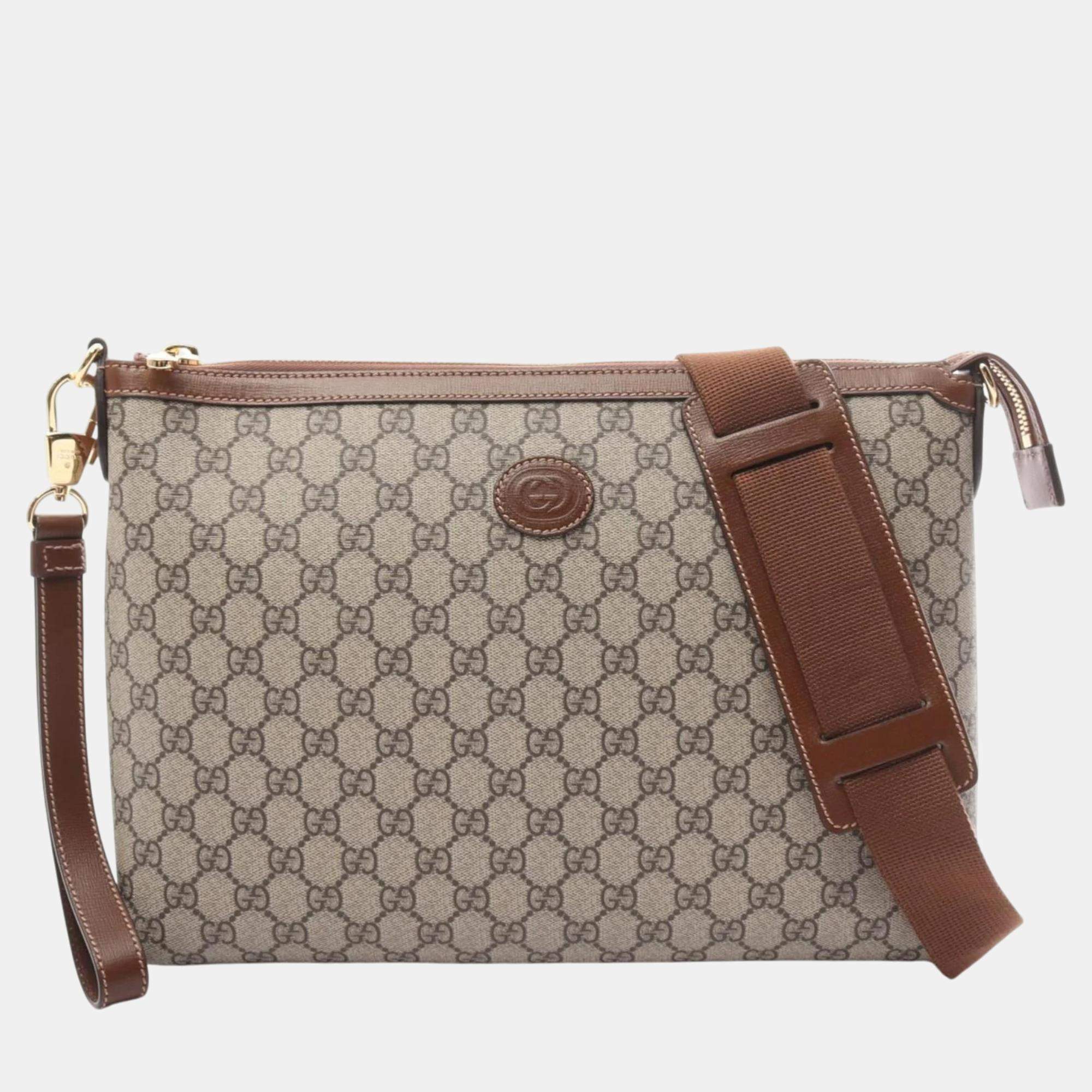 Pre Owned Gucci Beige Brown Coated Canvas Leather GG Supreme Shoulder Bag