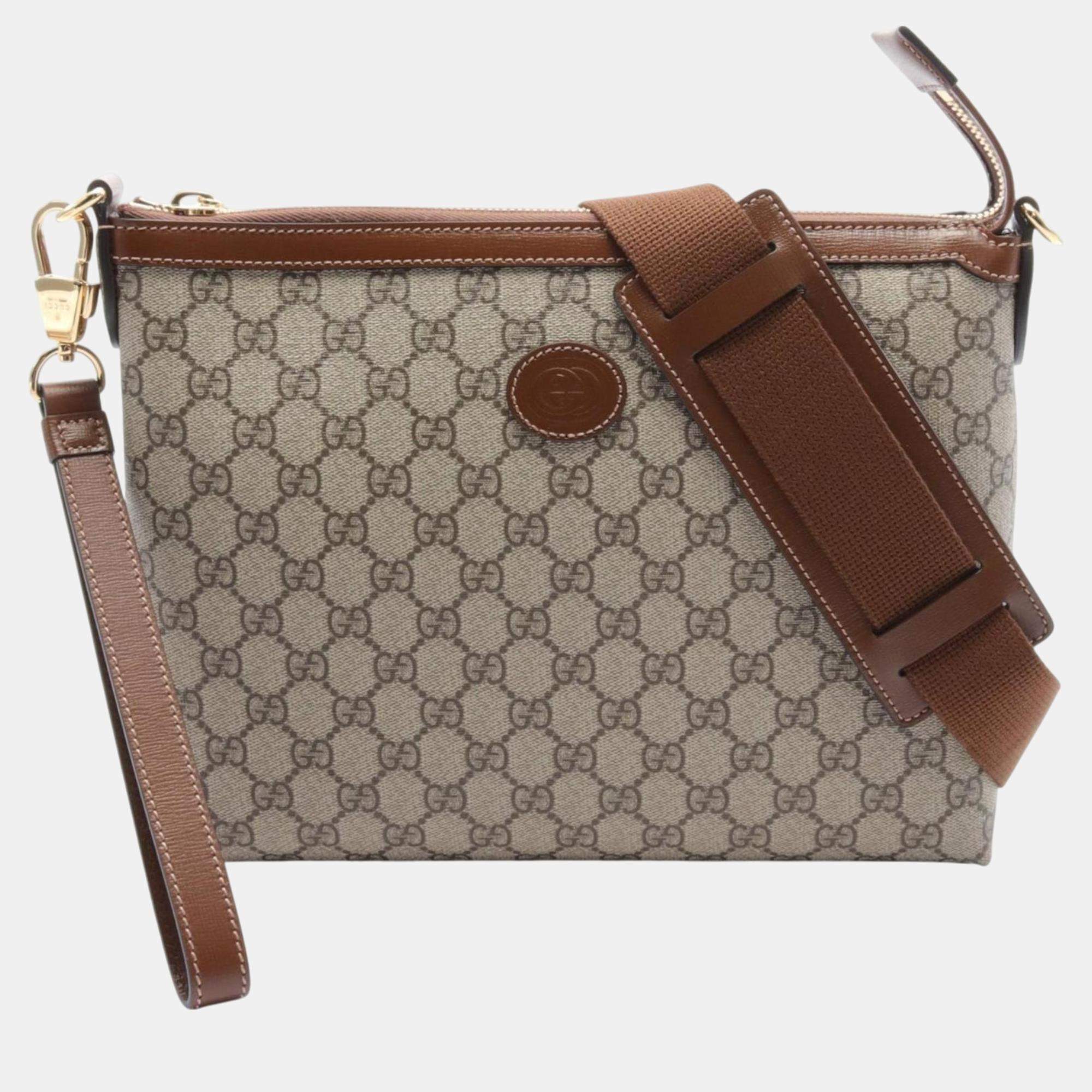 Gucci Beige Brown Coated Canvas Leather Interlocking G GG Supreme Bag
