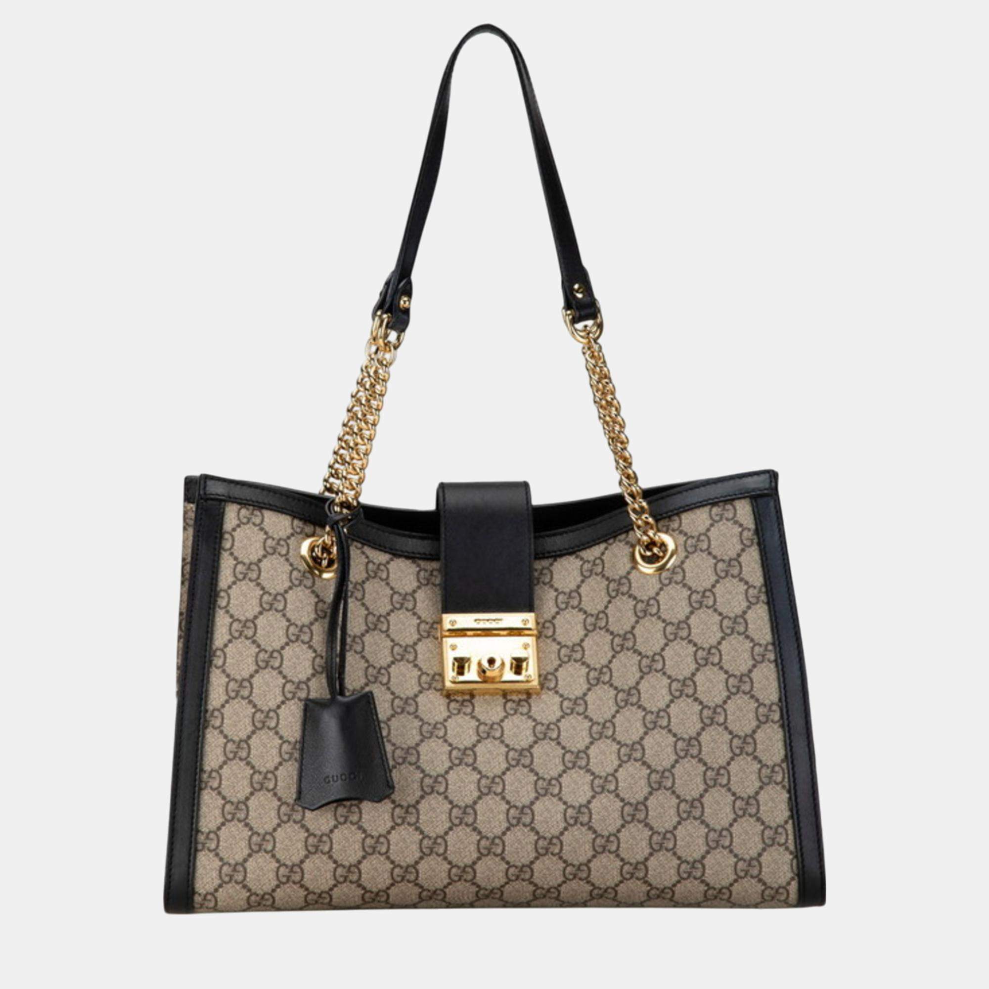 Gucci Beige Black PVC Leather GG Supreme Padlock Chain Shoulder Bag