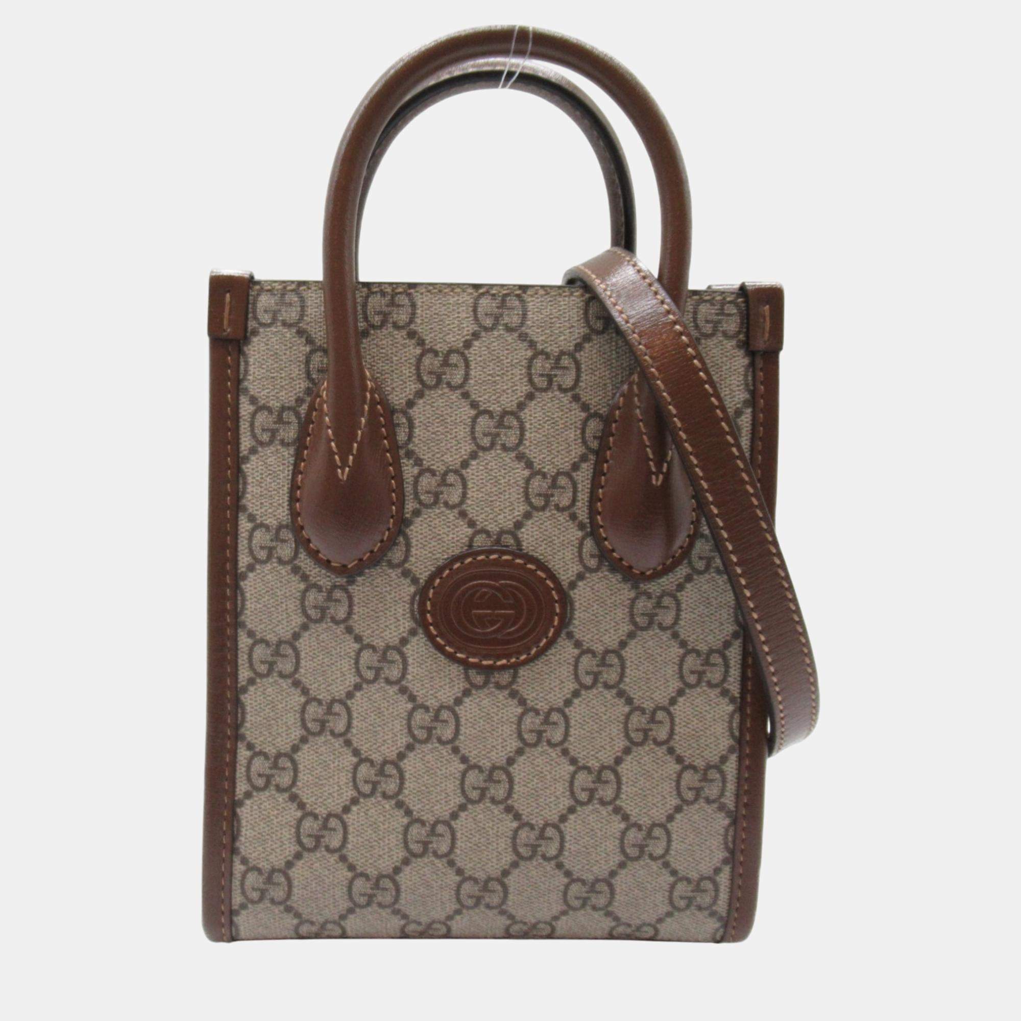 Gucci Beige Brown leather canvas GG Supreme Shoulder Bag