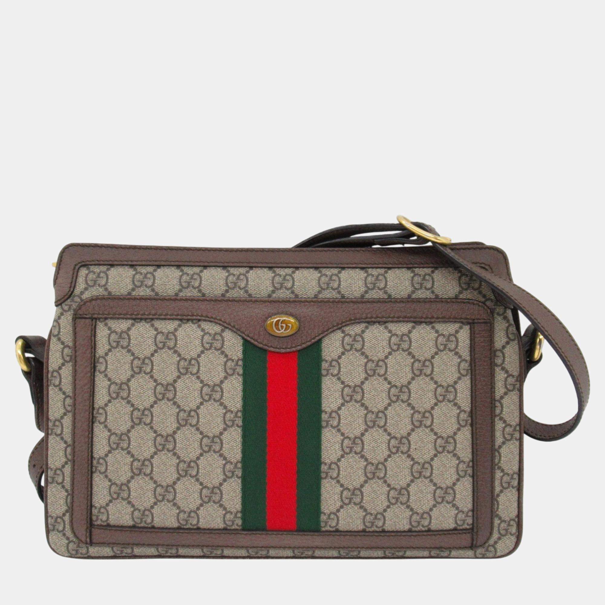 Gucci Beige Brown Canvas GG Supreme Ophidia Shoulder Bag