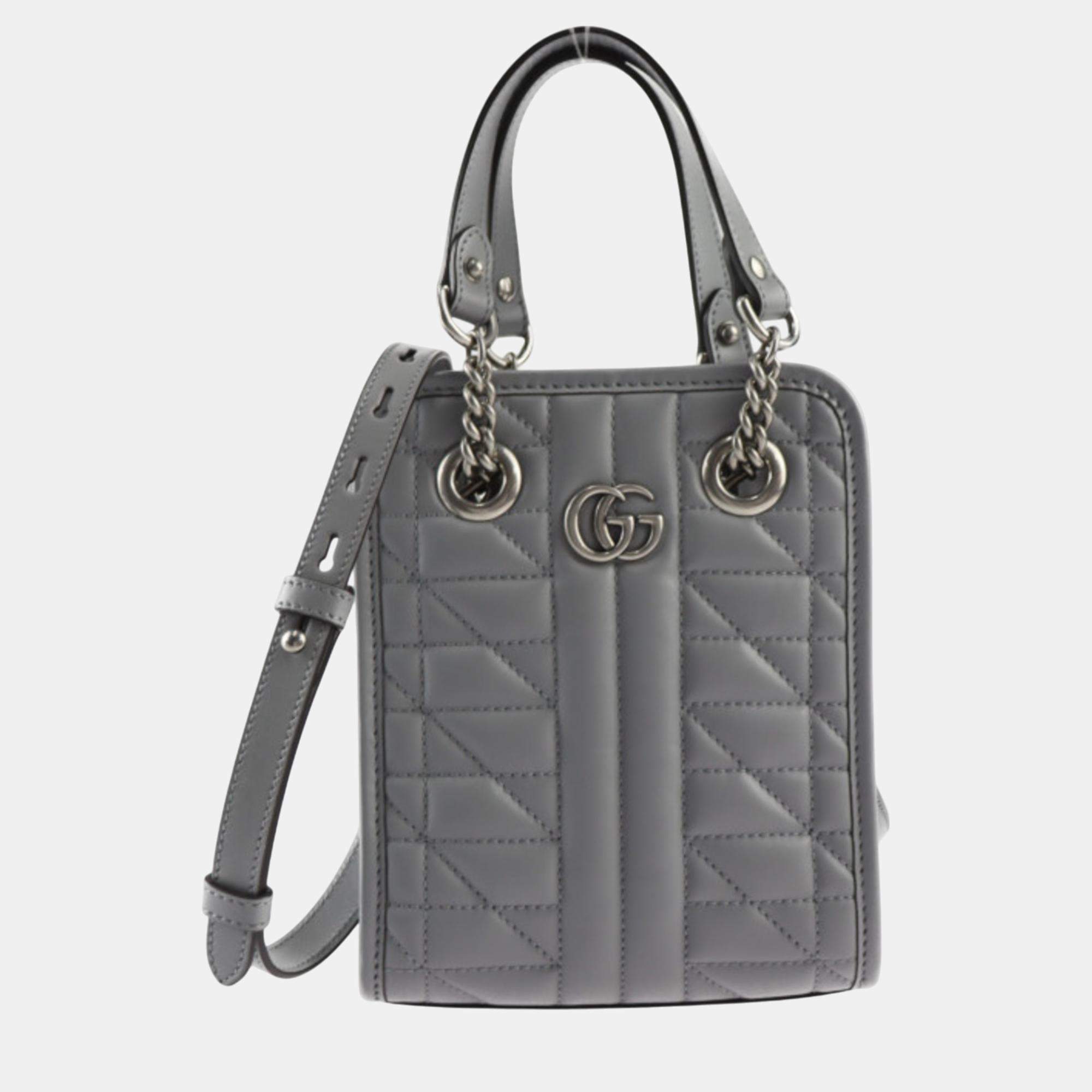 Gucci Gray Leather Quilting GG Marmont Handbag