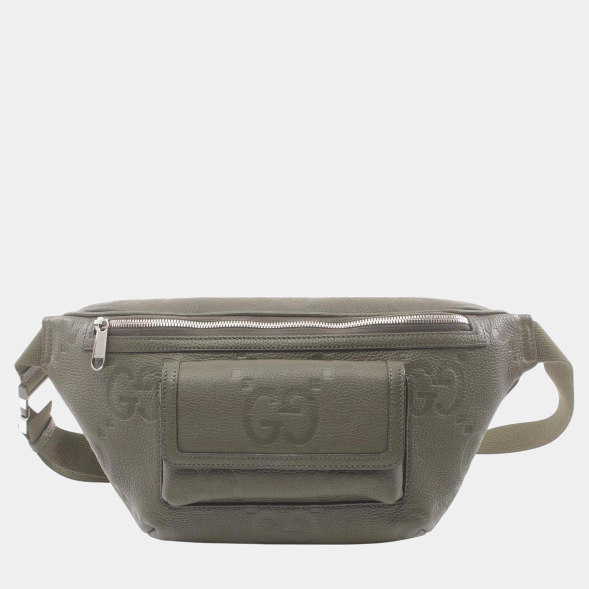 Gucci khaki leather GG embossed waist bag