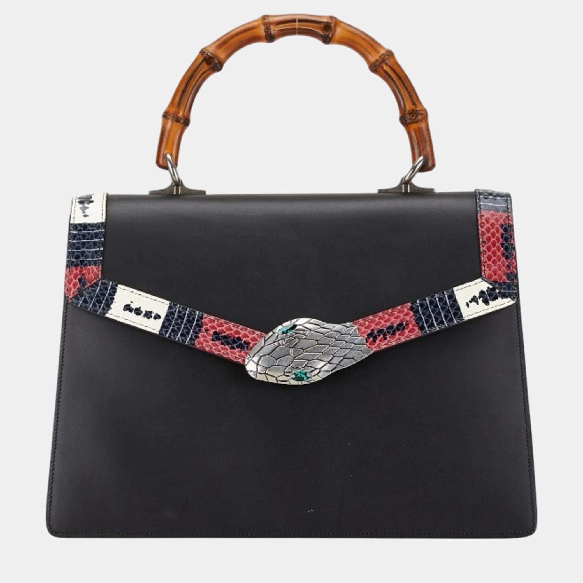 Pre Owned Gucci Black Leather Lilith Coral Snake Bamboo Handbag