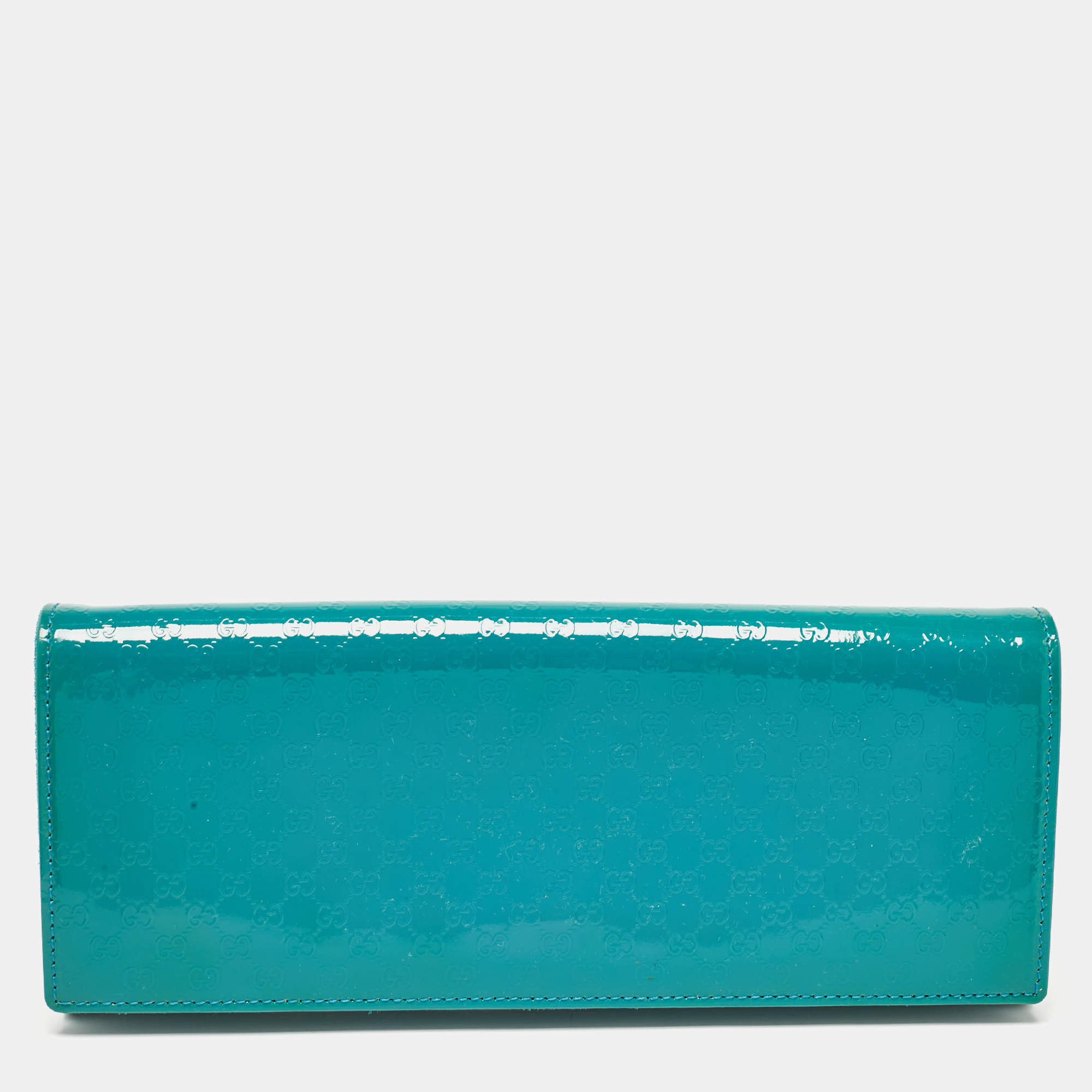 Pre Owned Gucci Teal Blue Microguccissima Patent Leather Broadway Clutch
