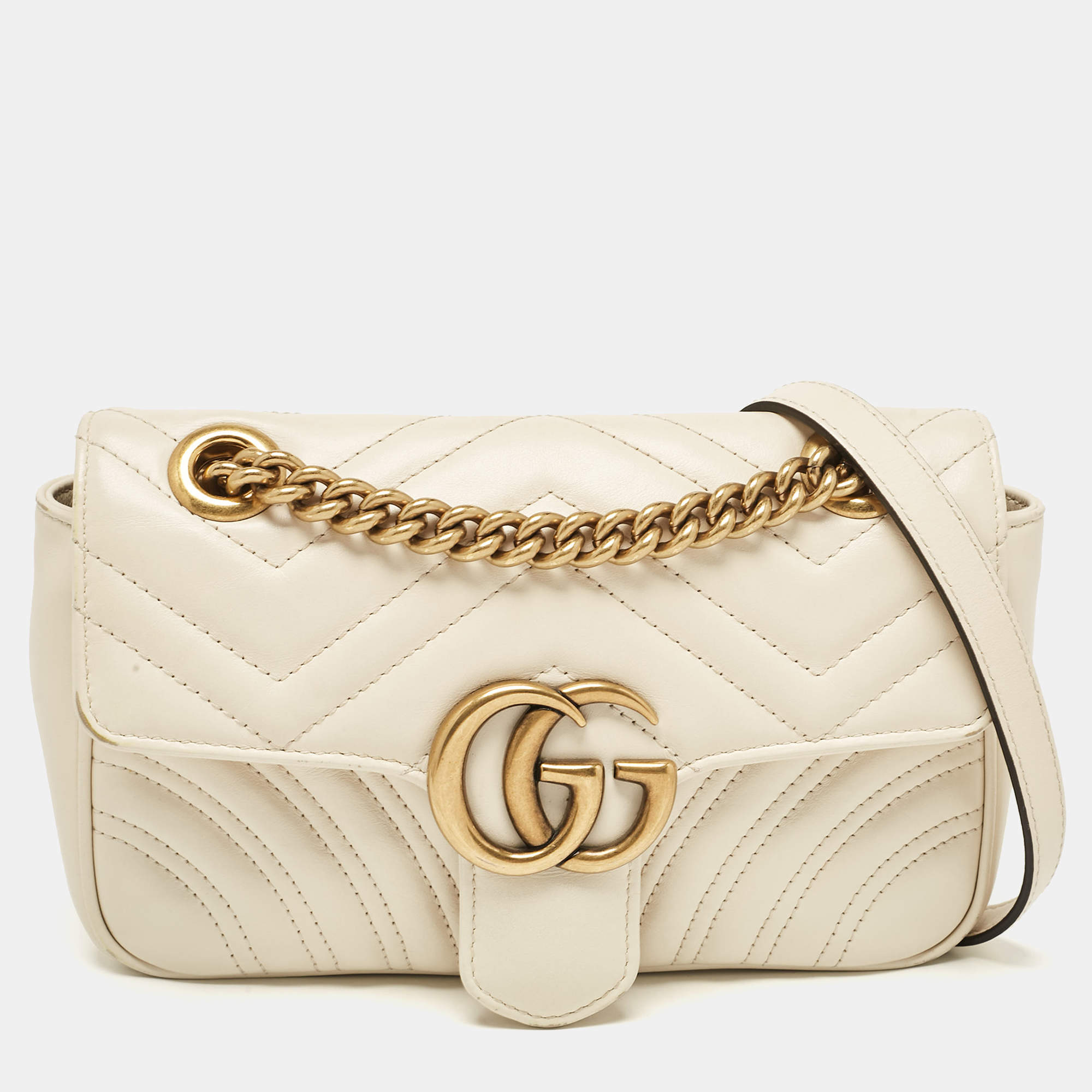 Pre Owned Gucci Off White Matelassé Leather Mini GG Marmont Shoulder Bag