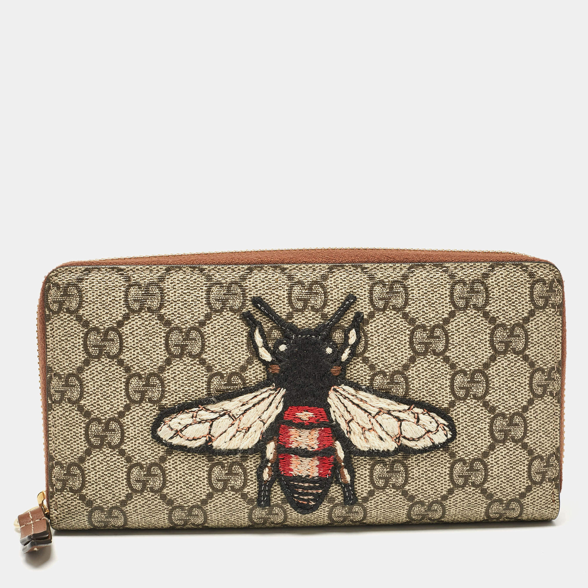 Gucci Beige Bee Printed GG Supreme Canvas Zip Around Continental Wallet