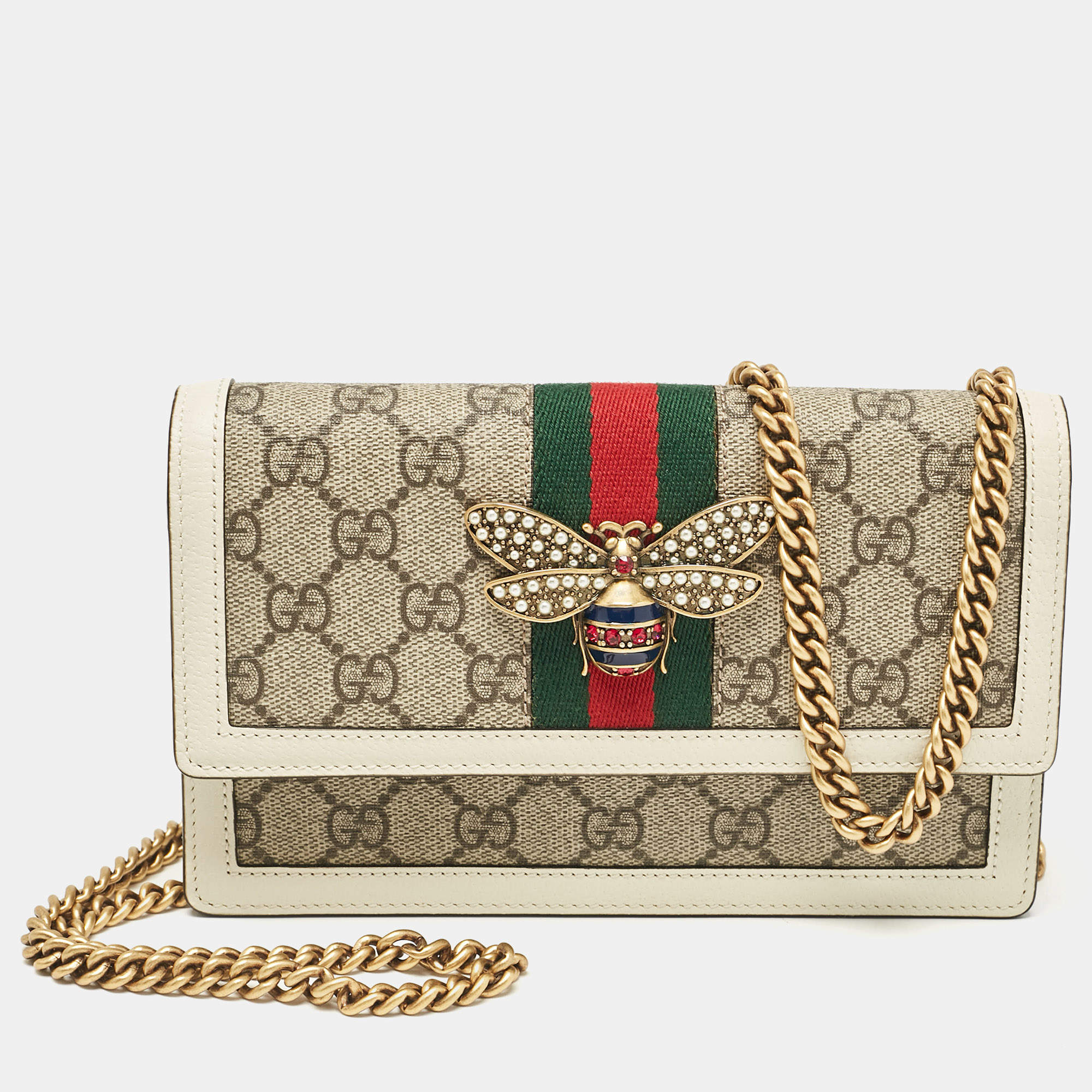 Gucci White/Beige GG Supreme Canvas and Leather Queen Margaret Wallet On Chain