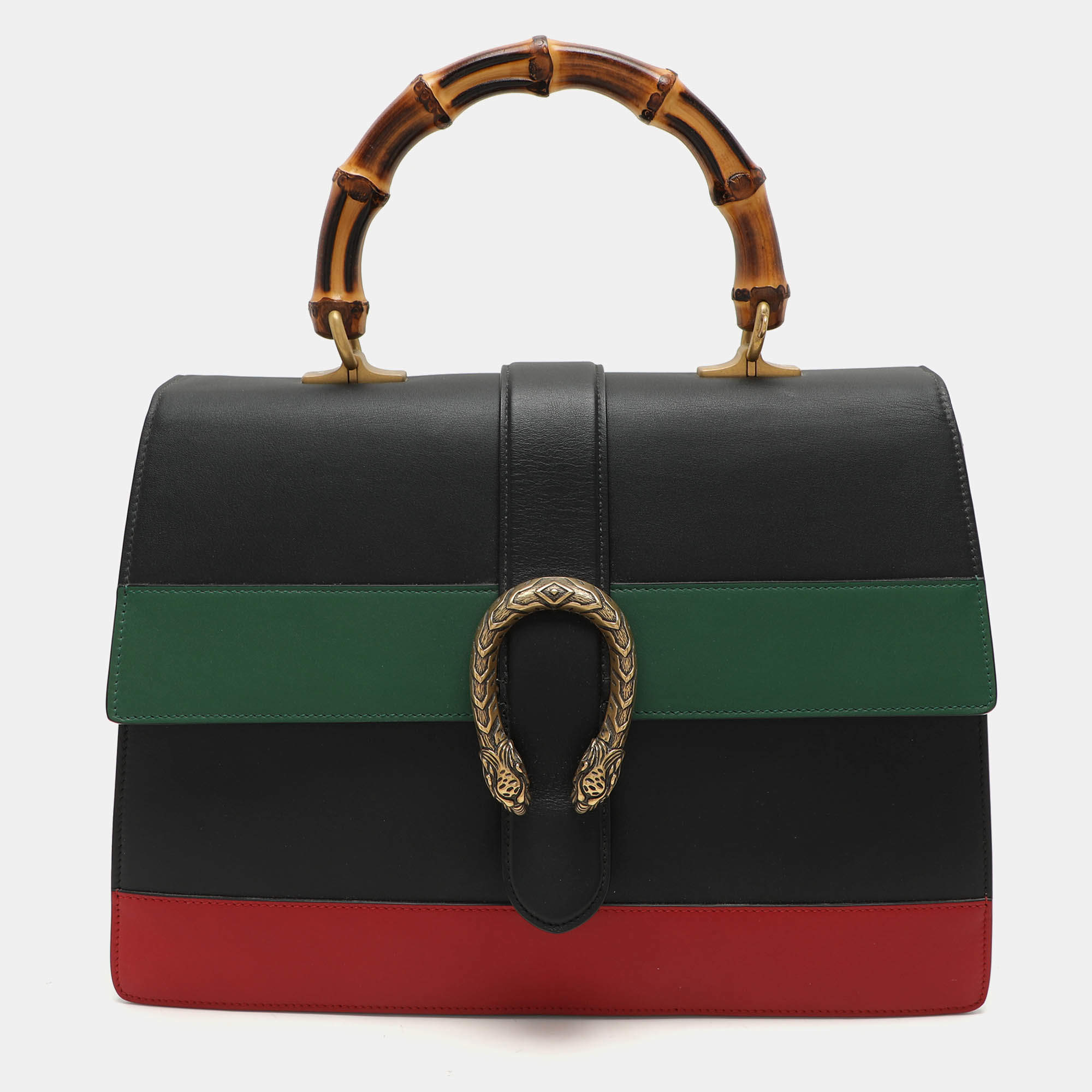 Pre Owned Gucci Tri Color Leather Large Dionysus Bamboo Top Handle Bag