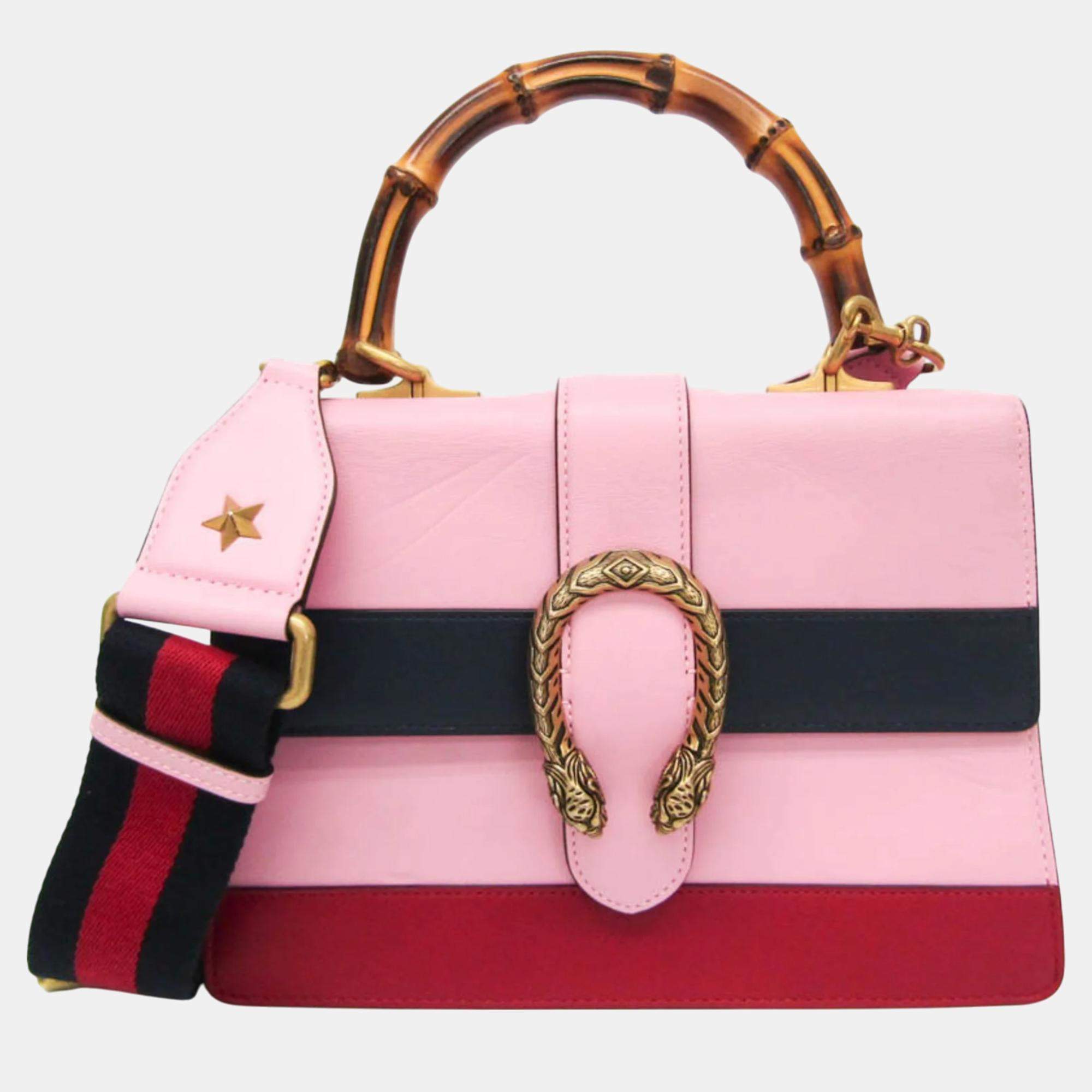 Pre Owned Gucci Navy Pink Red Bamboo Dionysus Leather Handbag