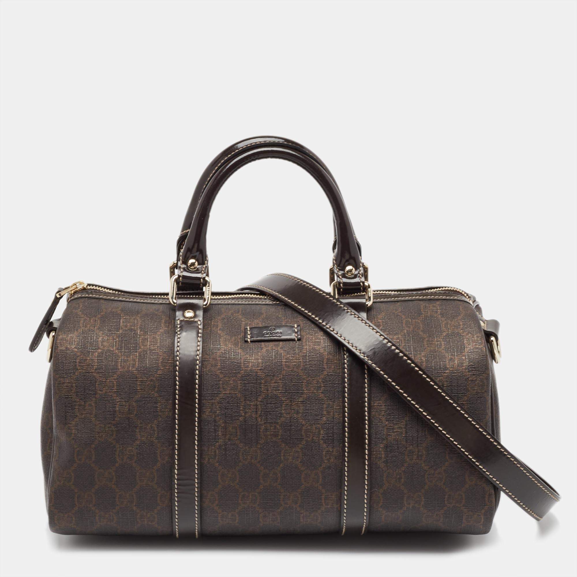 Pre Owned Gucci Dark Brown GG Supreme Canvas and Patent Leather Joy Boston Bag