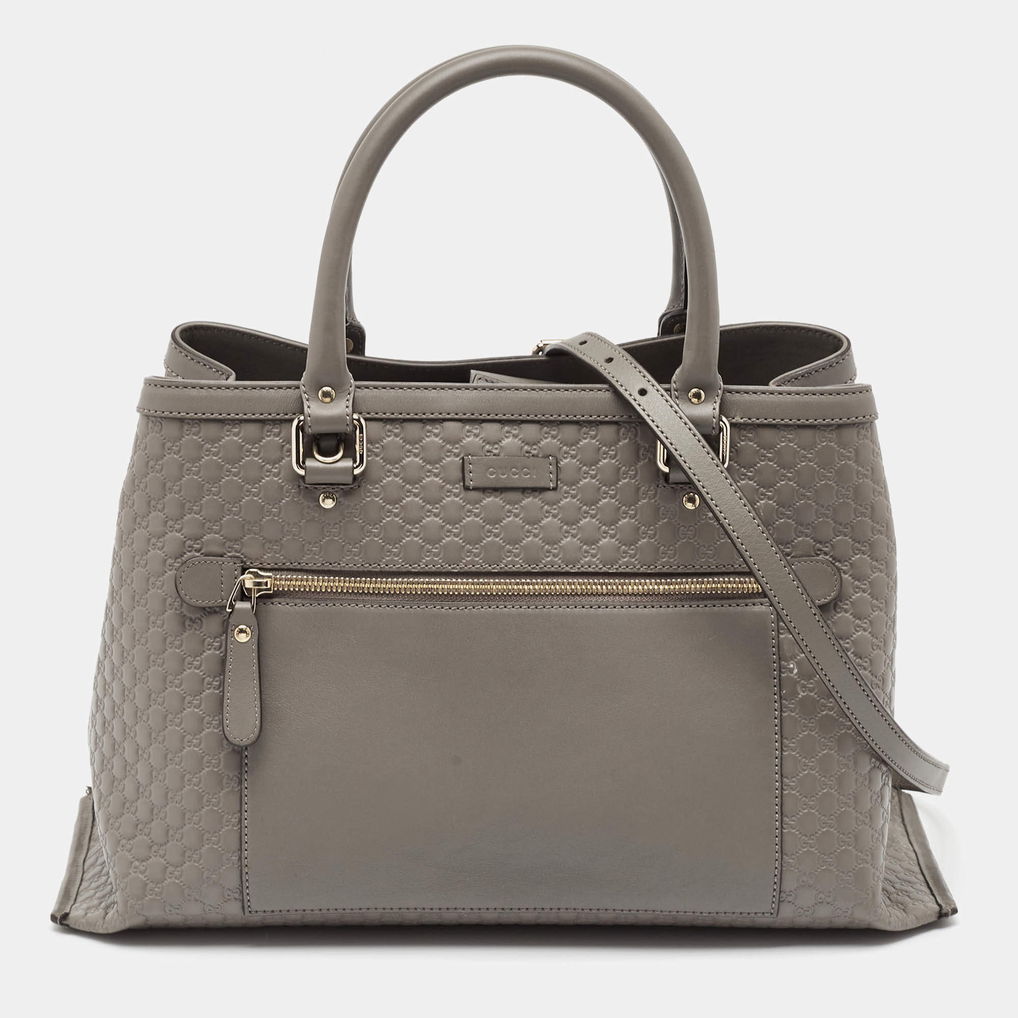 Pre Owned Gucci Grey Microguccissima Leather Front Zip Tote