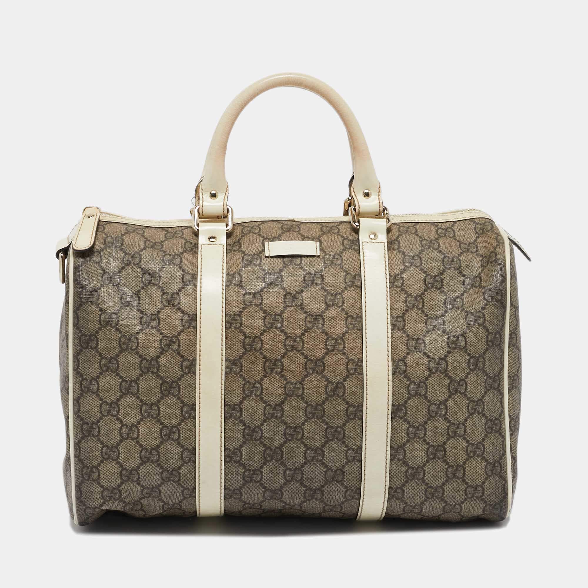 Pre Owned Gucci Beige/White GG Supreme Canvas and Leather Medium Joy Boston Bag