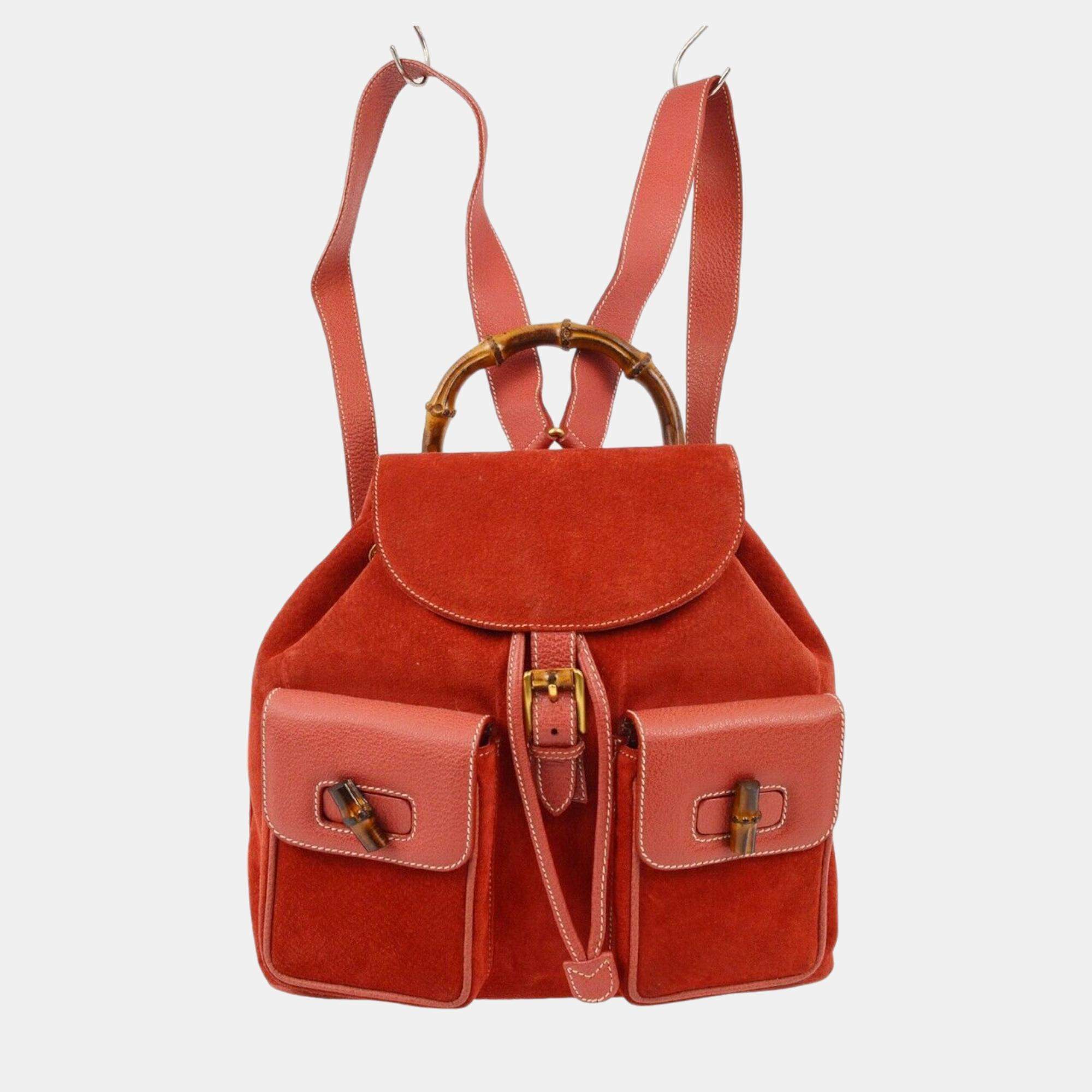 Gucci Red Suede Bamboo Backpack