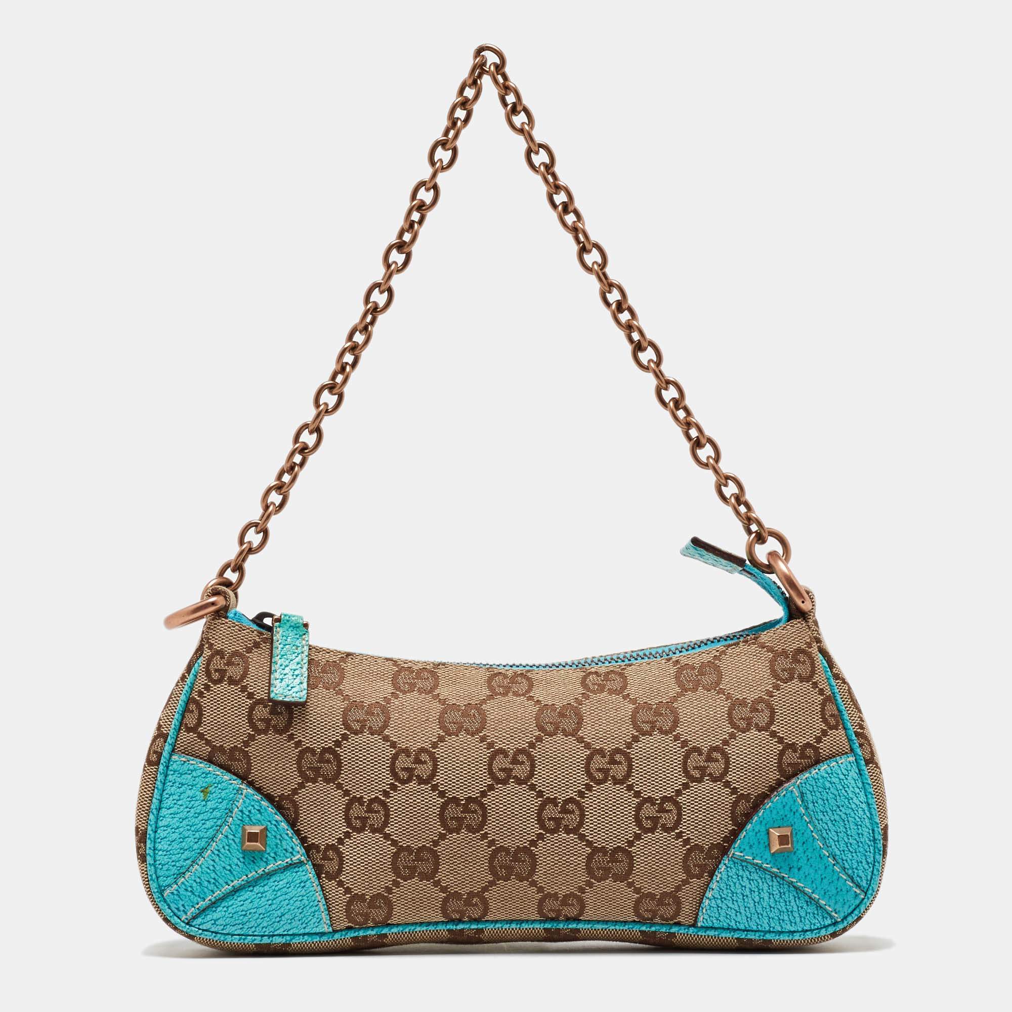 Pre Owned Gucci Beige/Blue GG Canvas and Leather Baguette Bag