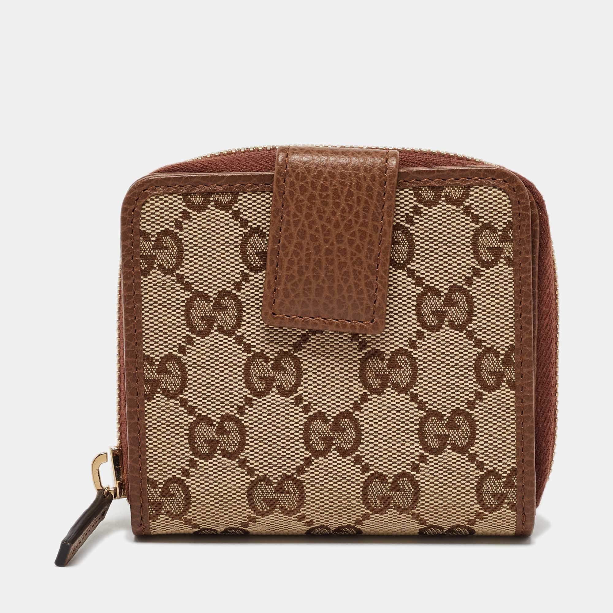 Gucci Beige/Brown GG Canvas and Leather Emblem Zip Mini Wallet