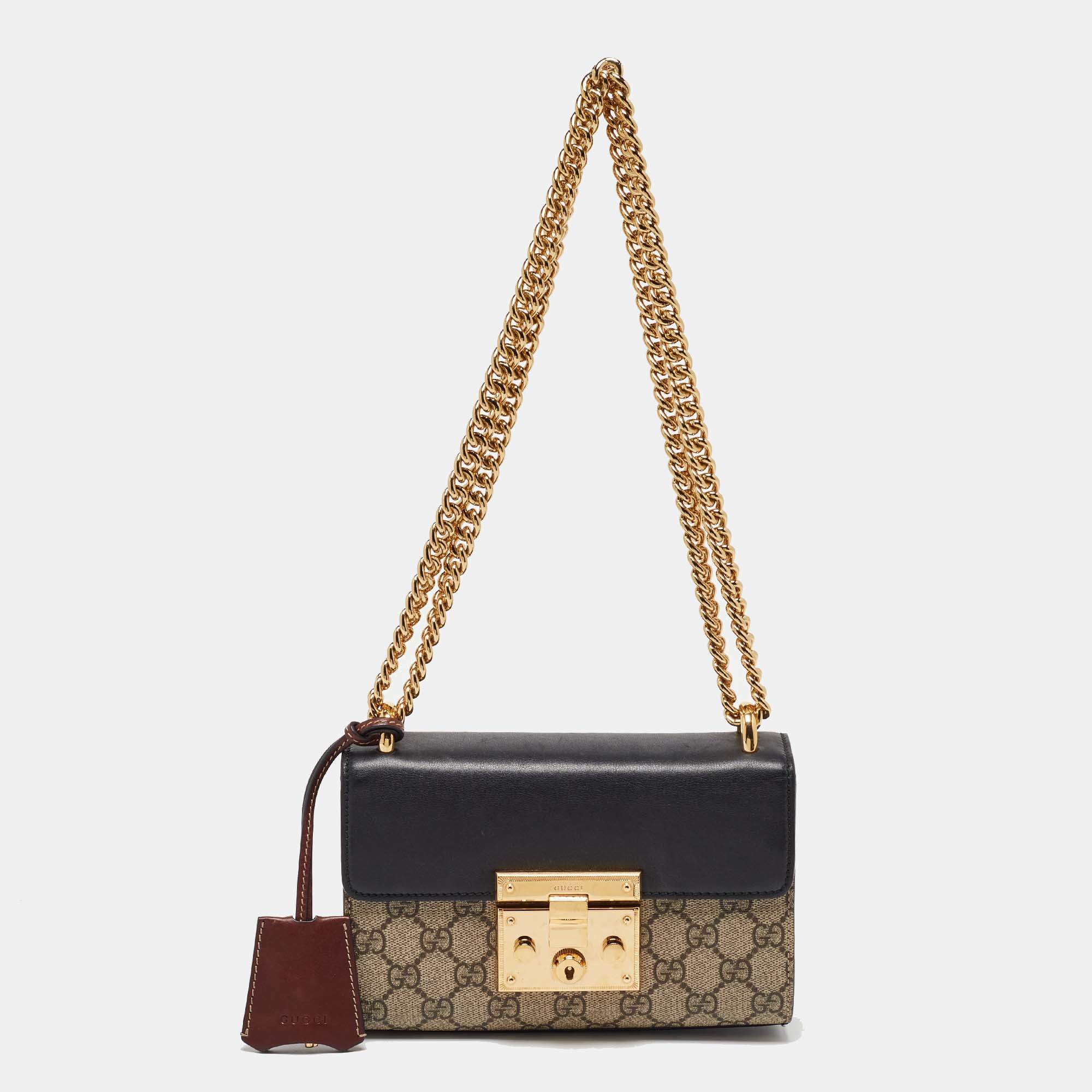 Gucci Beige/Black GG Supreme Canvas and Leather Padlock Small Shoulder Bag