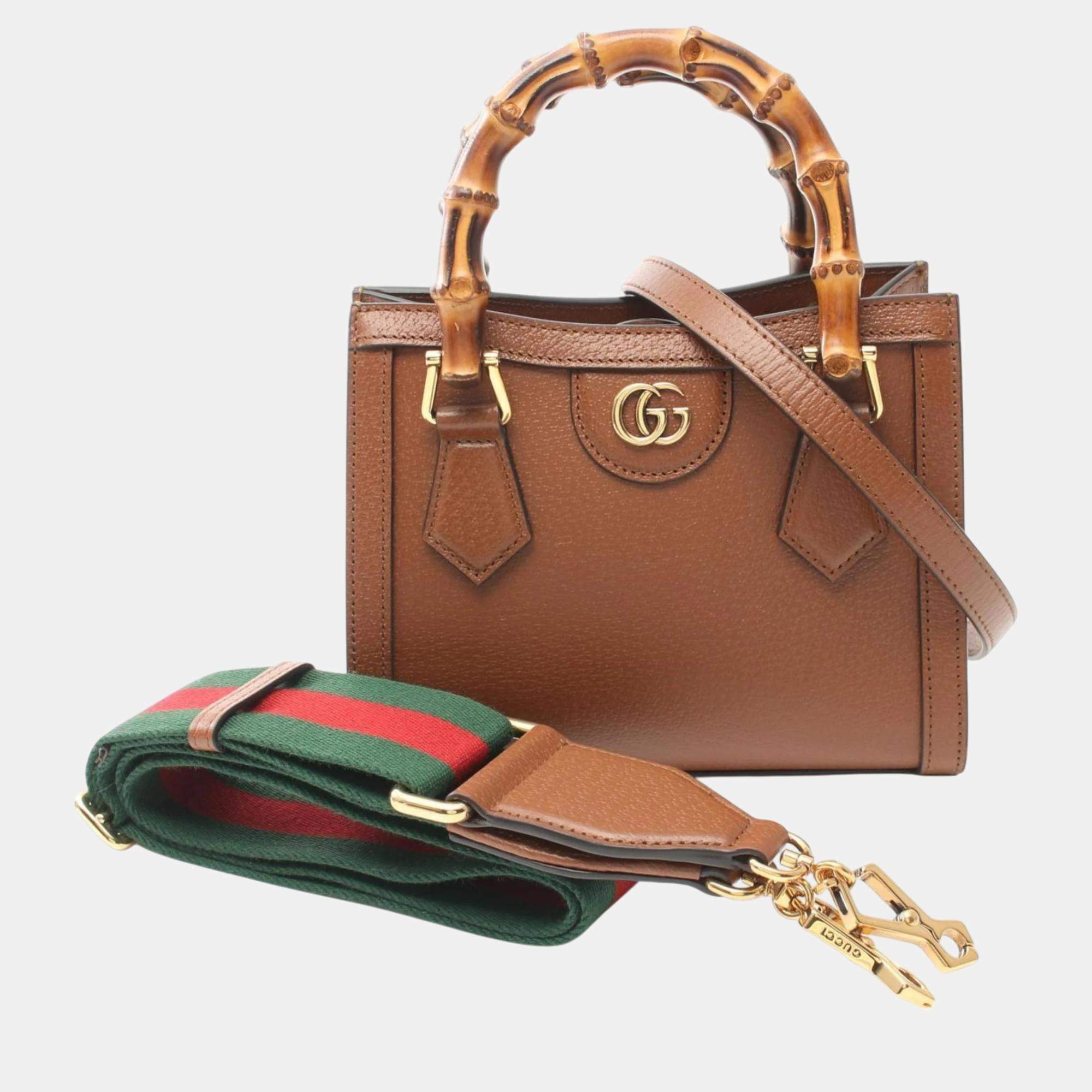 Gucci Brown Leather Diana Bamboo Tote Bag