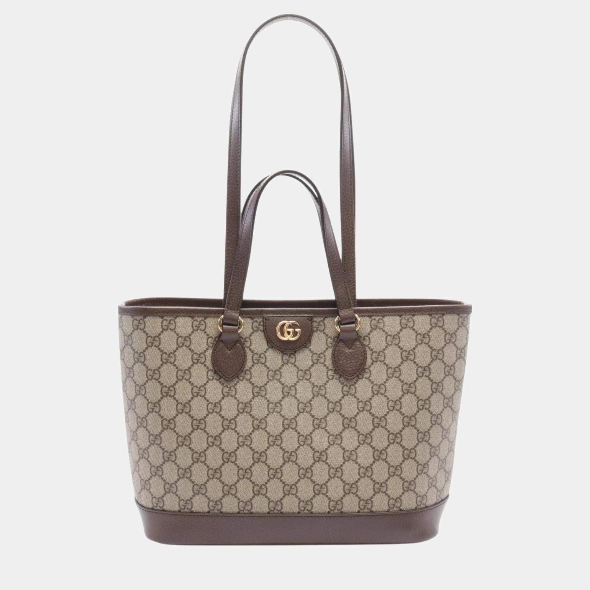 Gucci Coated Canvas Leather Beige Brown Ophidia Small Gg Supreme Tote Bag