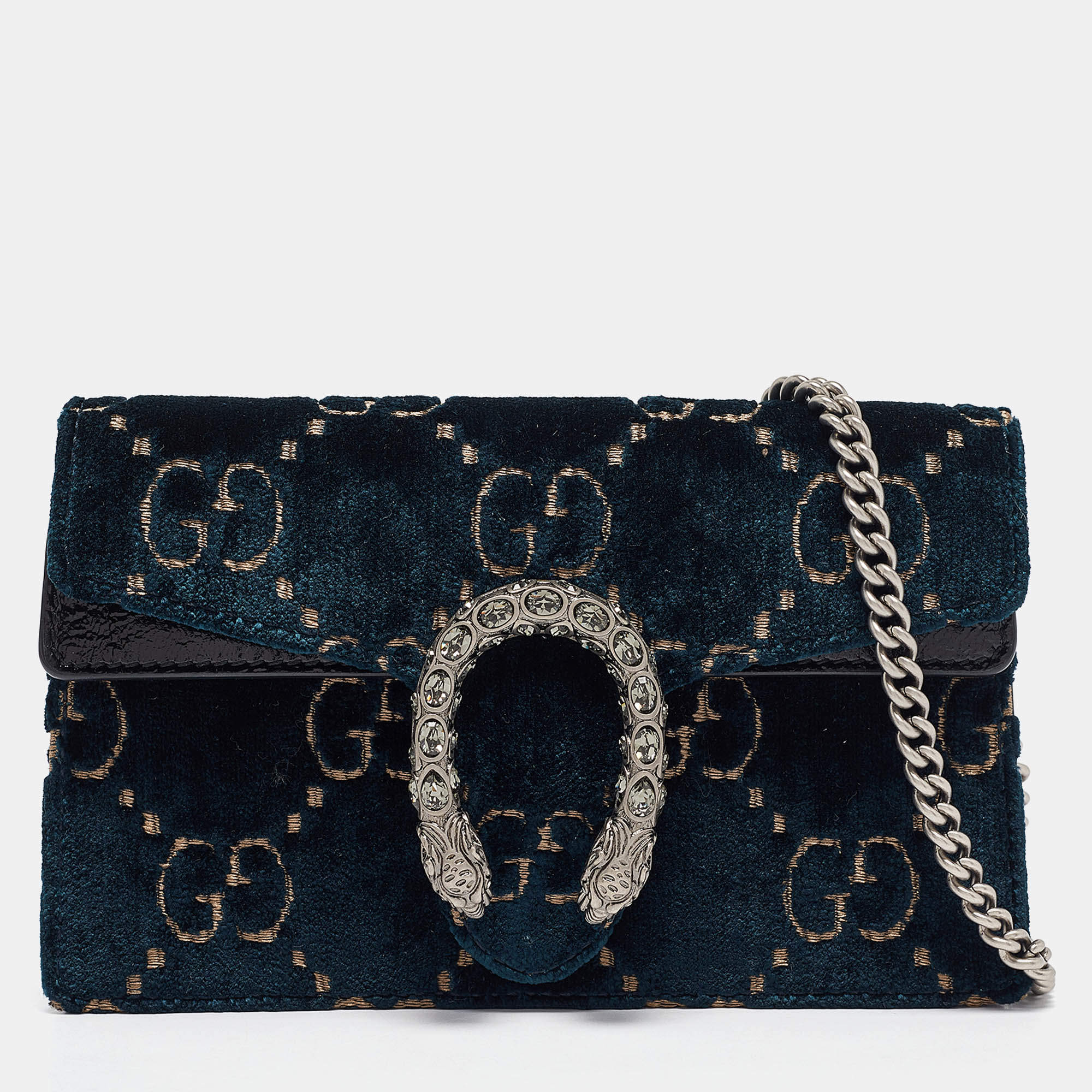 Pre Owned Gucci Dark Blue GG Velvet and Patent Leather Super Mini Dionysus Shoulder Bag