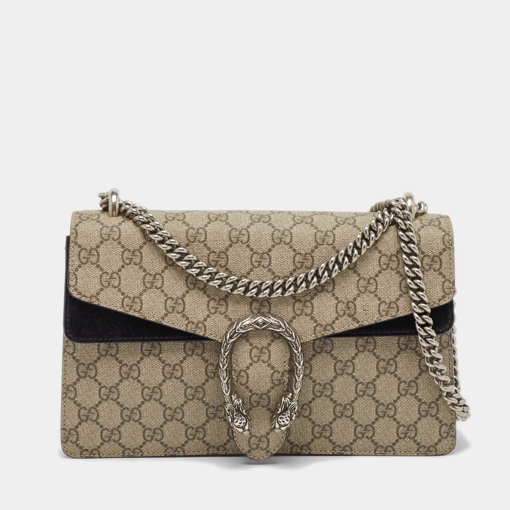 Pre Owned Gucci Beige/Black GG Supreme Canvas and Suede Small Dionysus Shoulder Bag