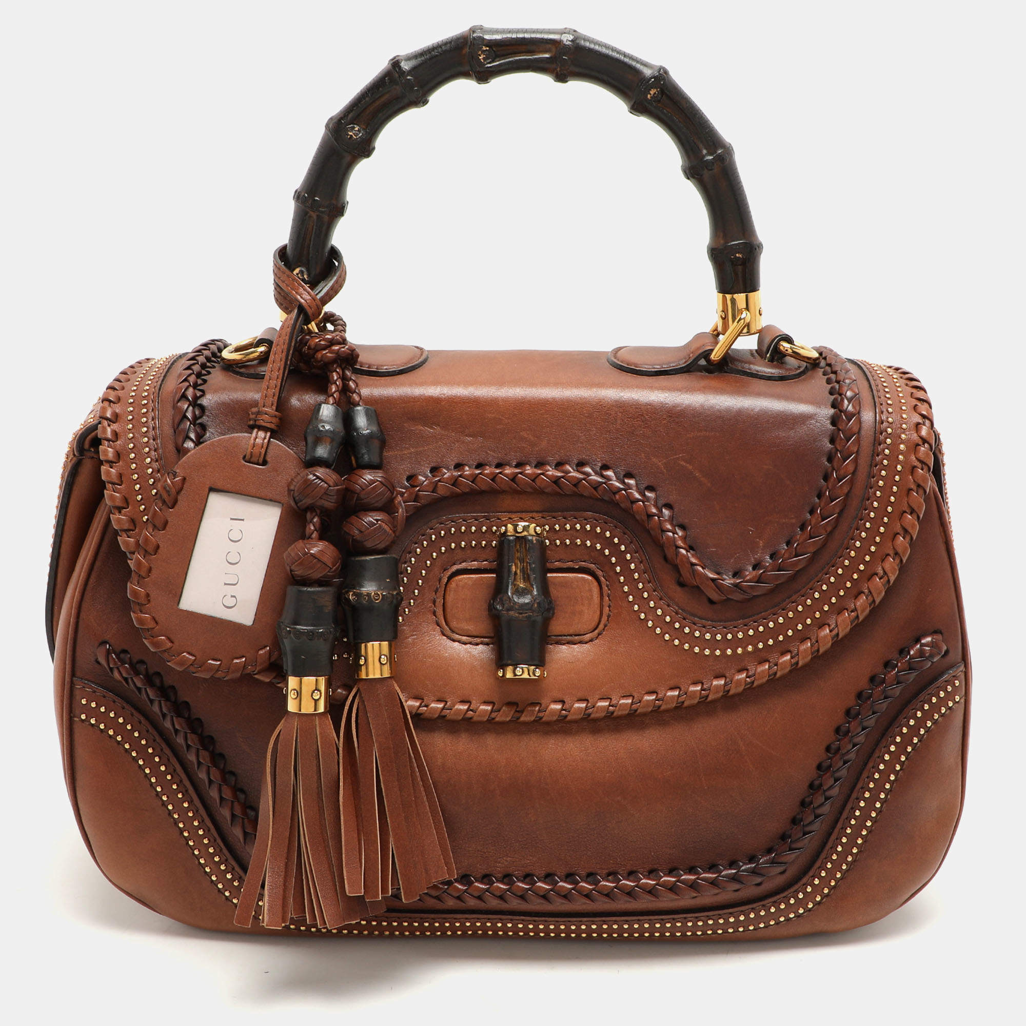 Pre Owned Gucci Brown Leather Large New Bamboo Top Handle Bag