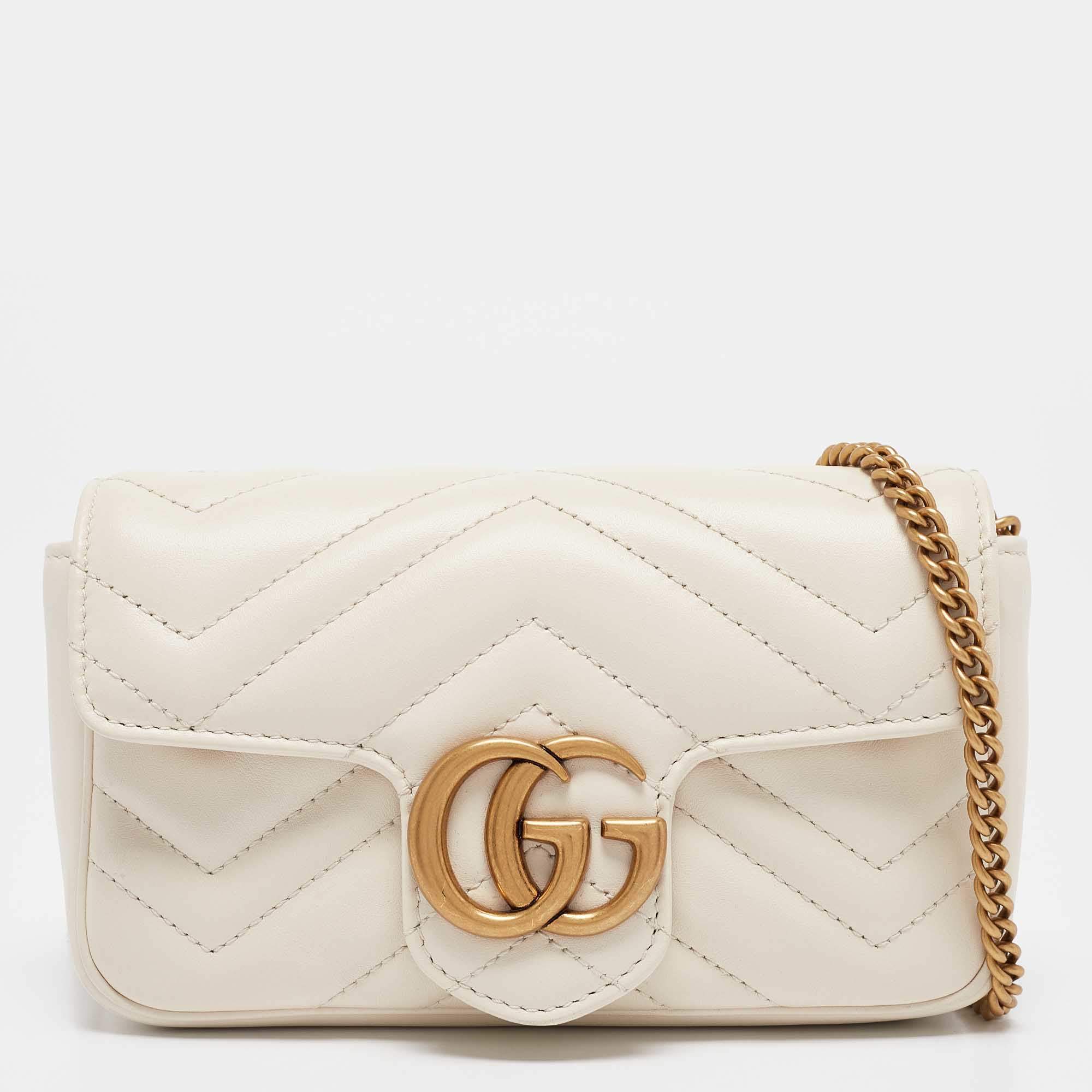 Pre Owned Gucci Off White Matelassé Leather Super Mini GG Marmont Shoulder Bag