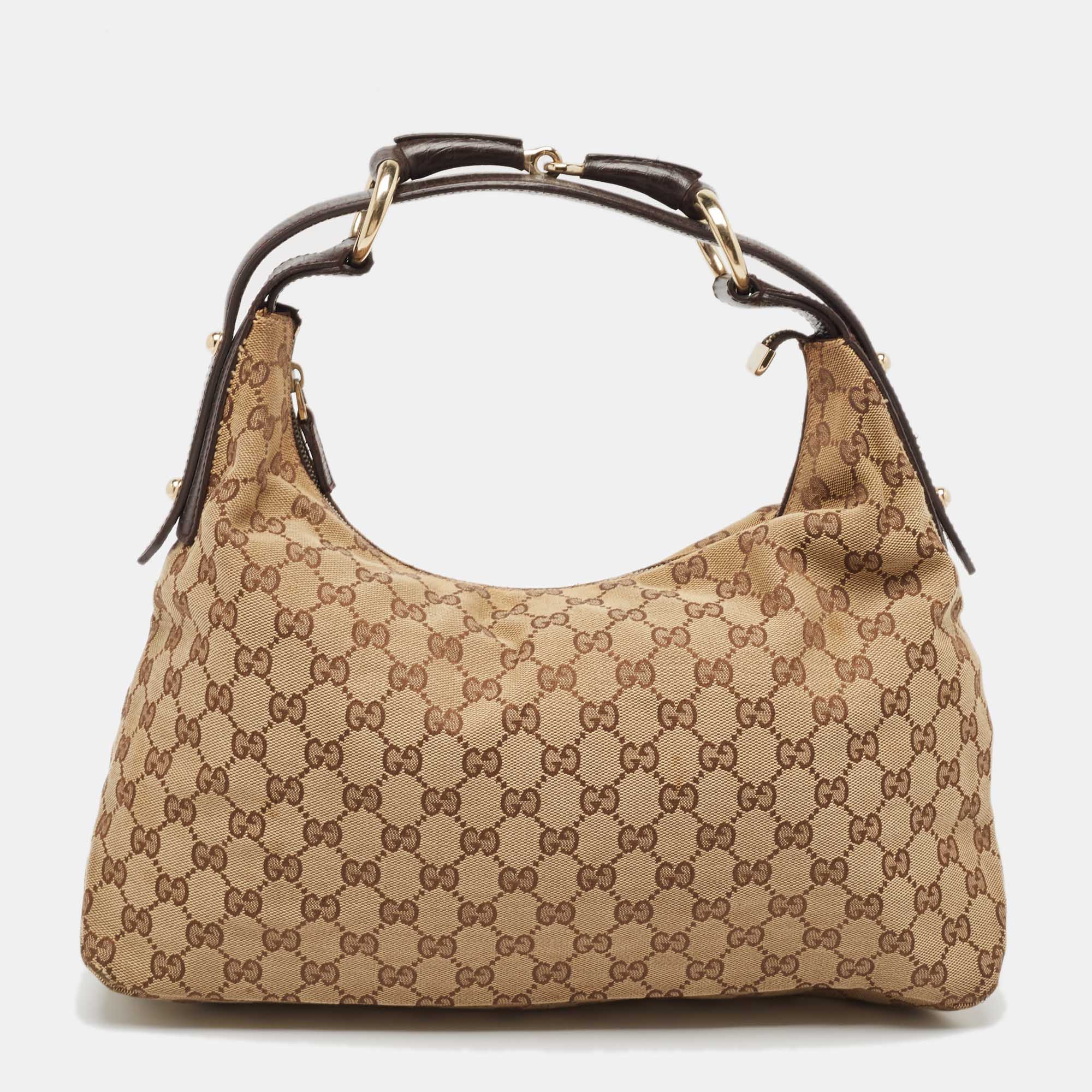 Pre Owned Gucci Beige/Brown GG Canvas and Leather Horsebit Handle Hobo