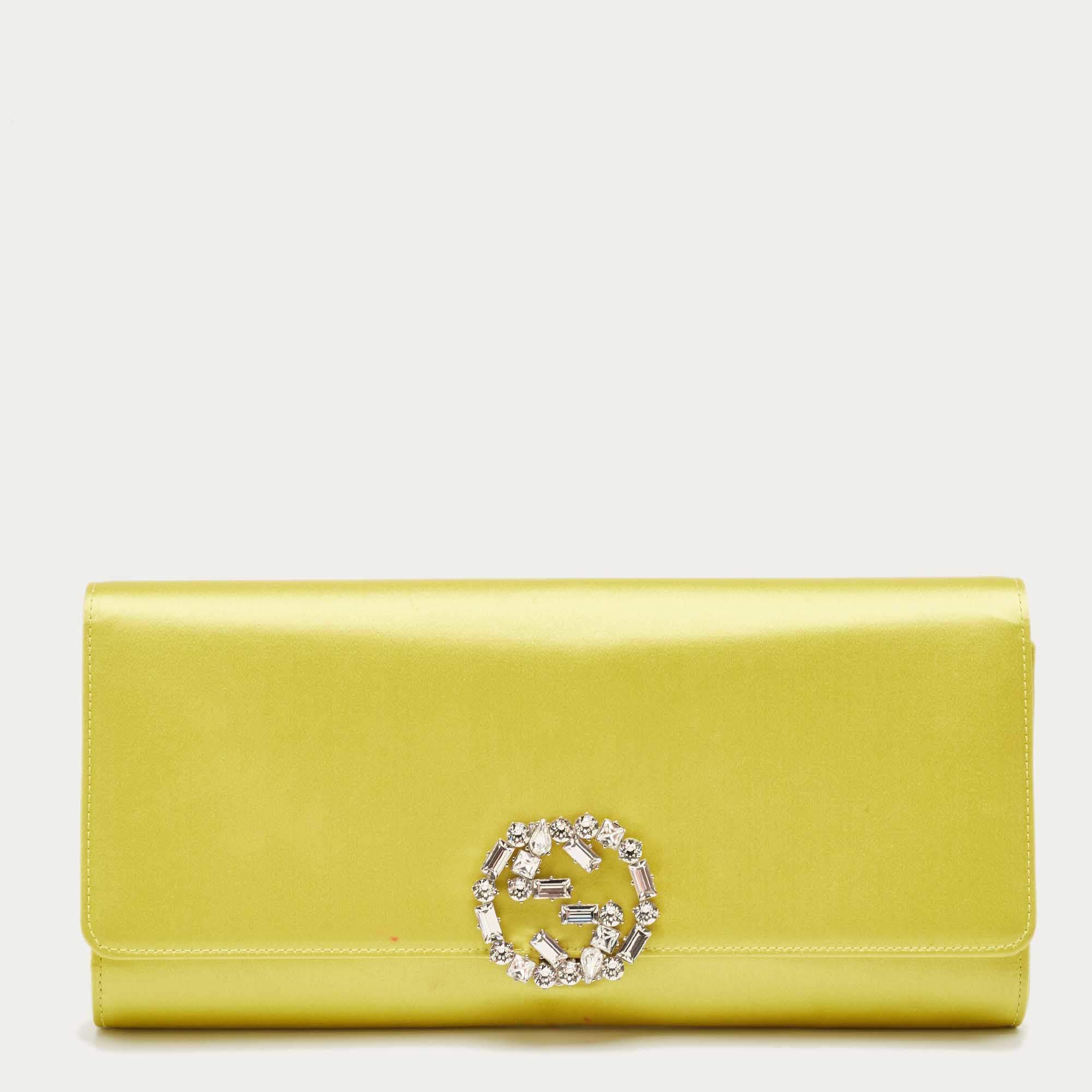 Pre Owned Gucci Yellow Satin GG Crystals Broadway Clutch