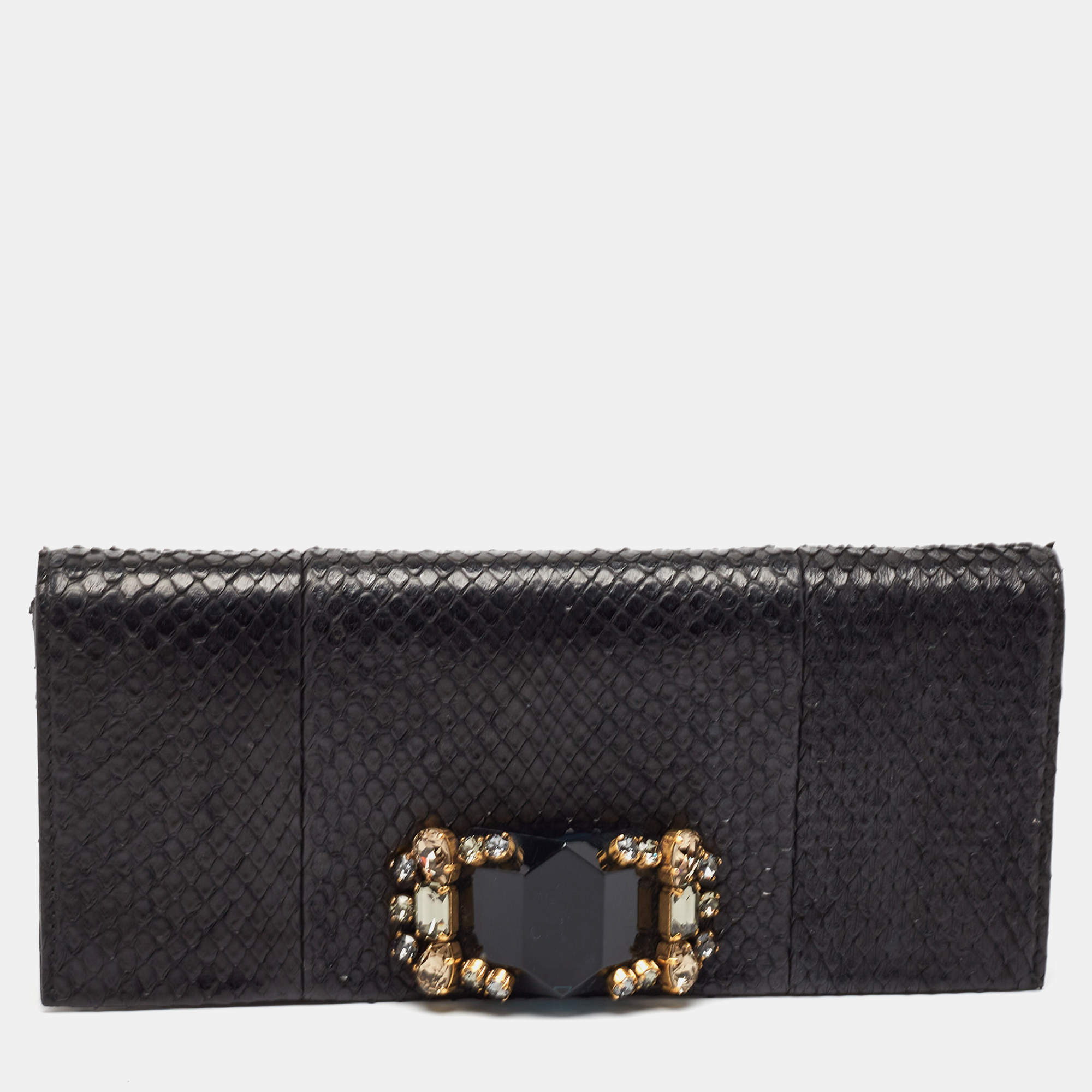 Pre Owned Gucci Black Snakeskin Crystals Embellished Flap Clutch
