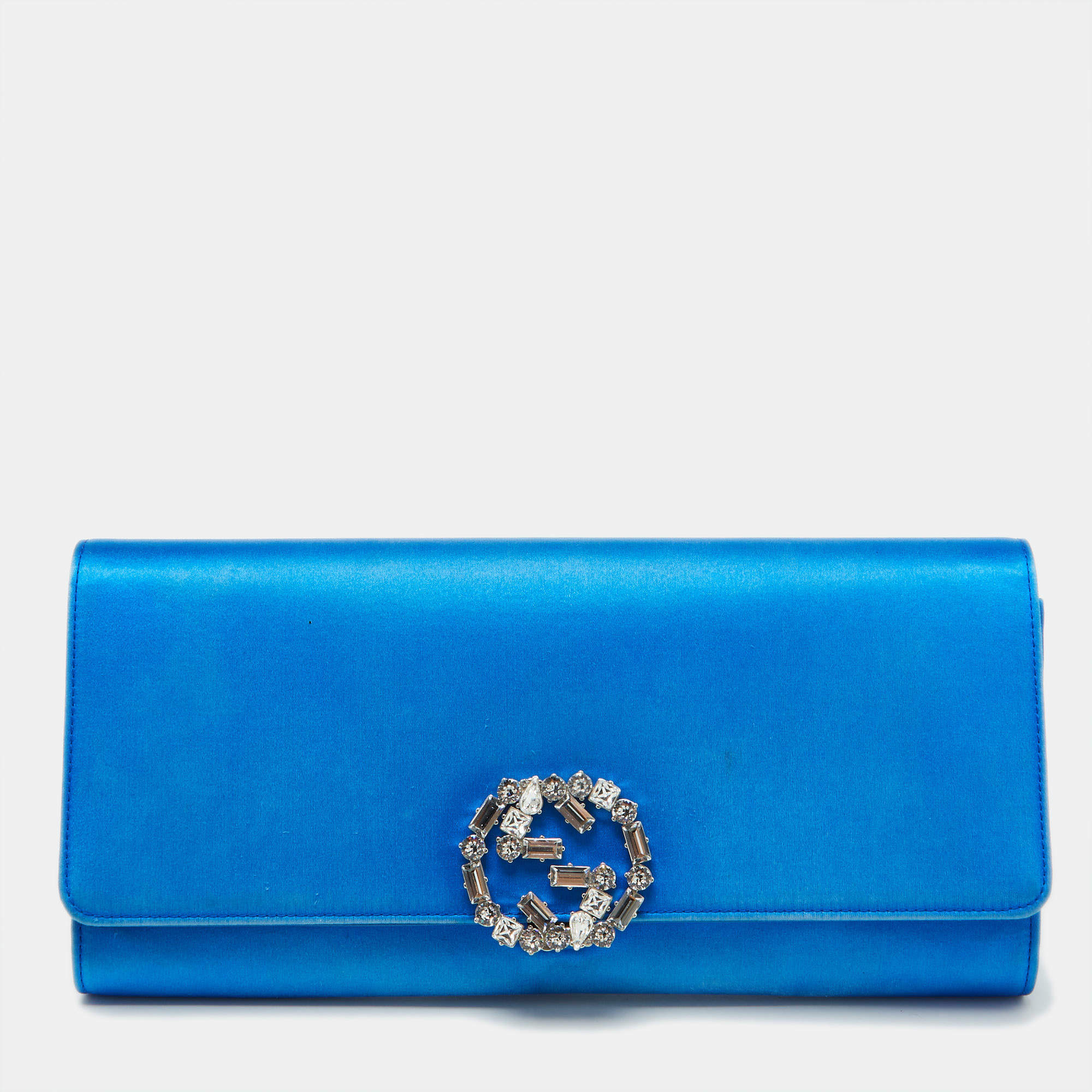Pre Owned Gucci Blue Satin Crystal Embellished Interlocking G Broadway Clutch